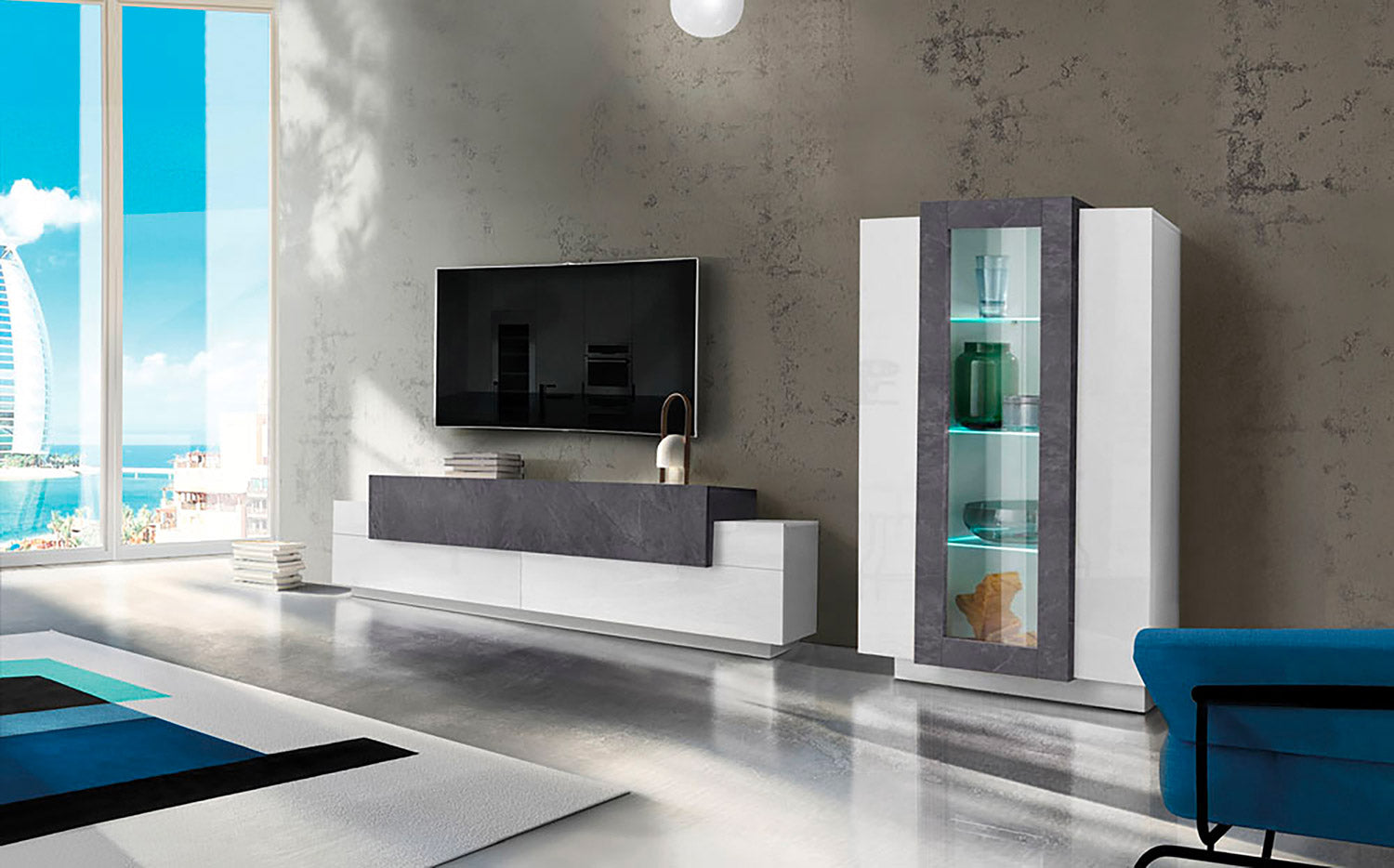Parete Attrezzata Soggiorno Porta TV 200x45x51,6 cm con Vetrina Coro Bianco Lucido e Ardesia...