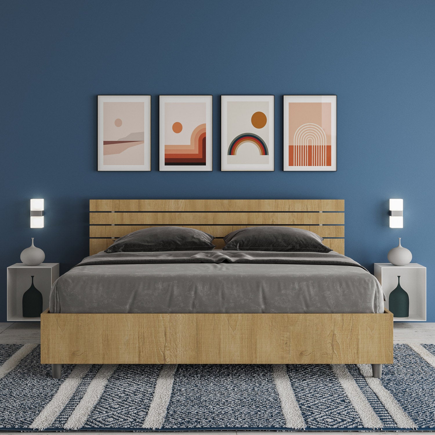 Letto Matrimoniale 160x200 cm Senza Rete Testata Doghe Inclinata Ankel Quercia Natura...