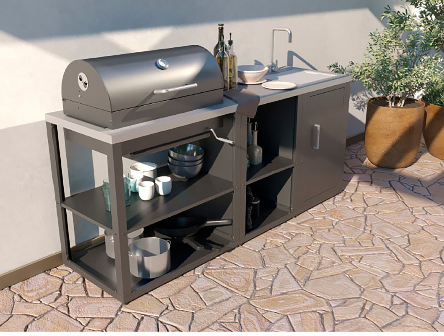 Mobile Cucina Barbecue a Carbone 90,2x60,7x94 cm con Ripiani Inferiori e 3 Griglie in Acciaio Nero...