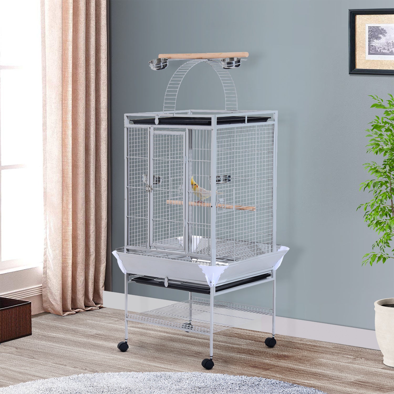 Image of Voliera Gabbia per Uccelli 86x80x160 cm con Ruote in Metallo Argento