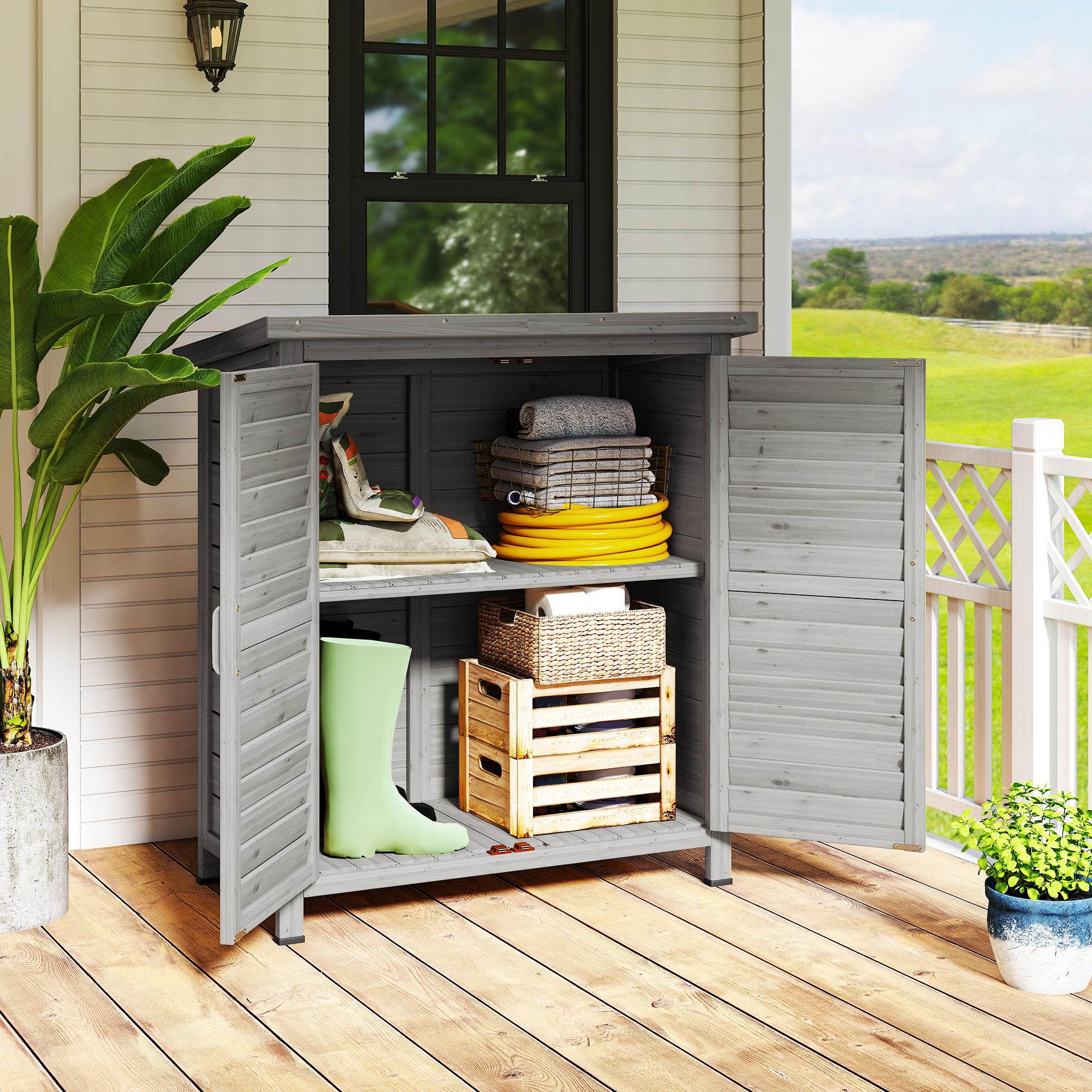 Armadio da Giardino 87x46,5x96,5 cm con Porte a Persiana e 2 Ripiani in Legno di Abete Grigio...