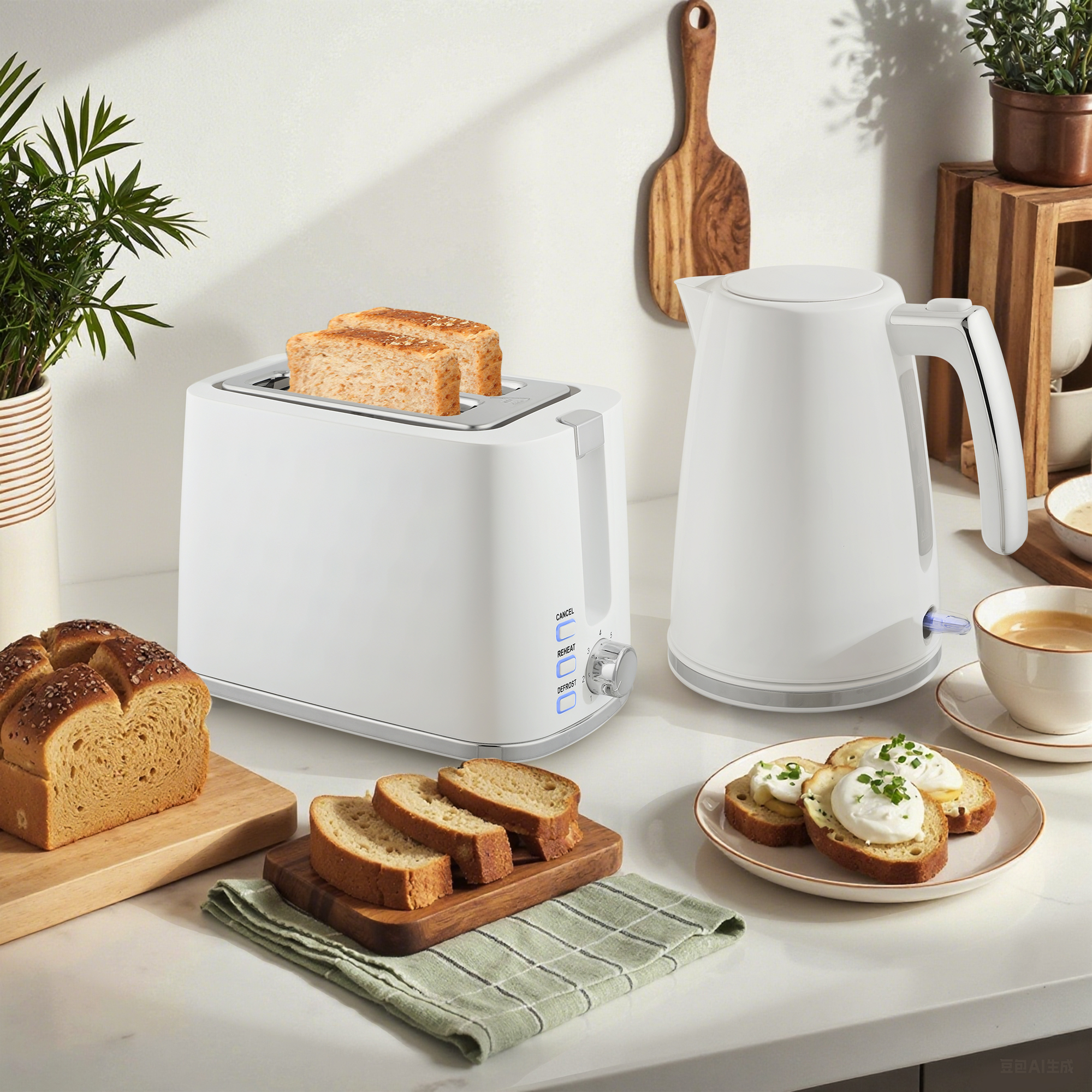 Set Bollitore Elettrico 2200W da 1,7L e Tostapane Doppio con 7 Livelli di Doratura Bianco...