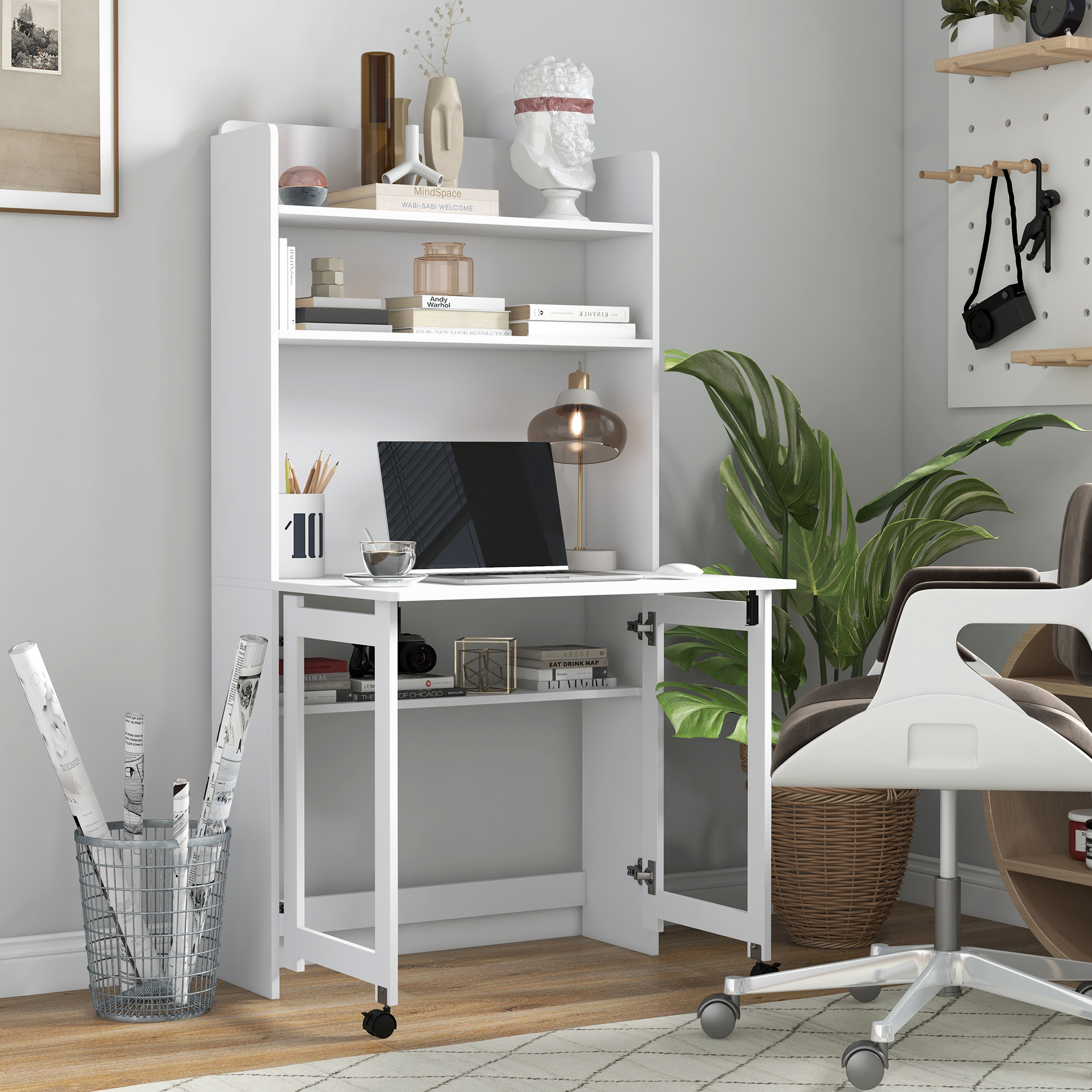 Scrivania Pieghevole 80x69x155 cm con Libreria a 4 Ripiani 2 Ruote e Foro Passacavi in MDF Bianco...