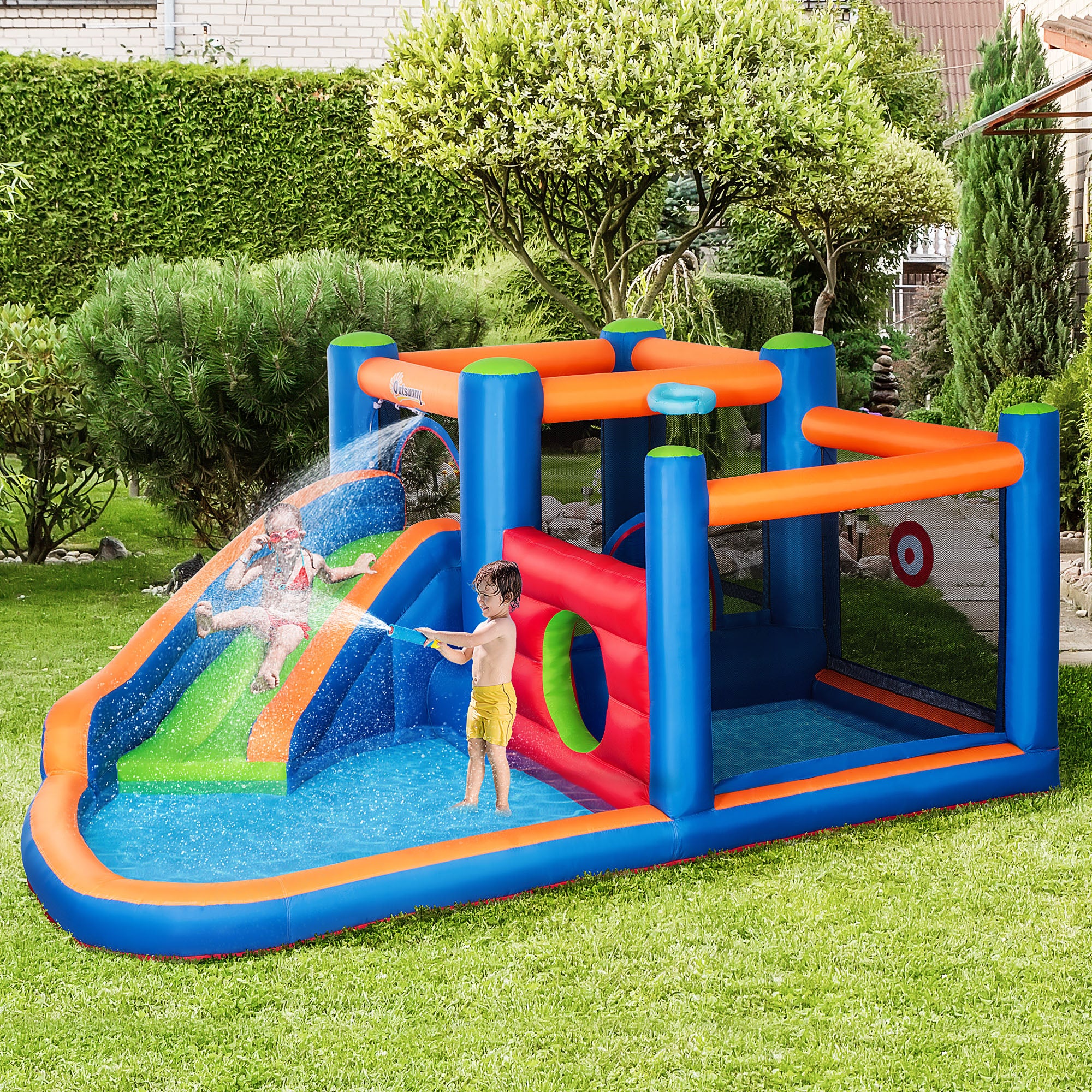 Castello Giostra Gonfiabile 380x340x170 cm con Scivolo Piscina e Pompa Multicolor...