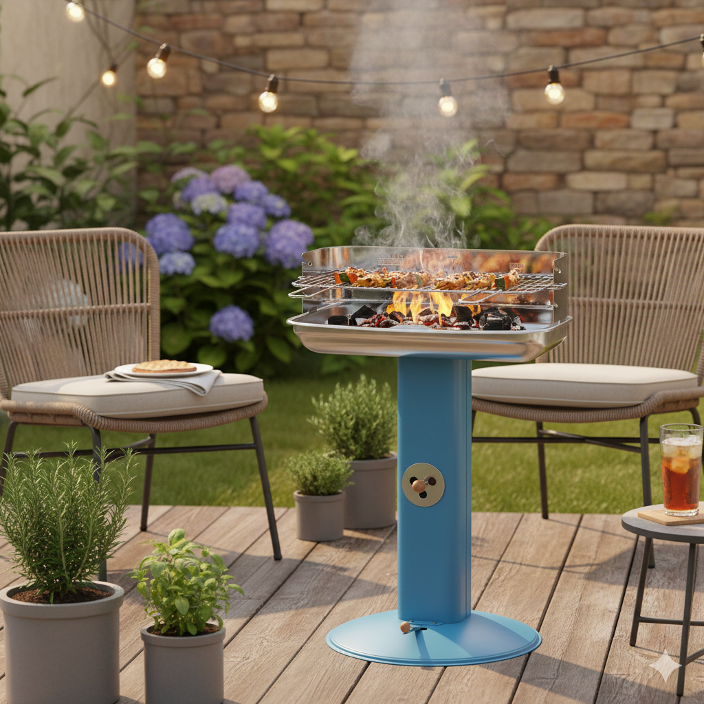 Barbecue a Carbone Venus 607 Ompagrill Gamba a Colonna con Areazione in Acciaio Verniciato Celeste...