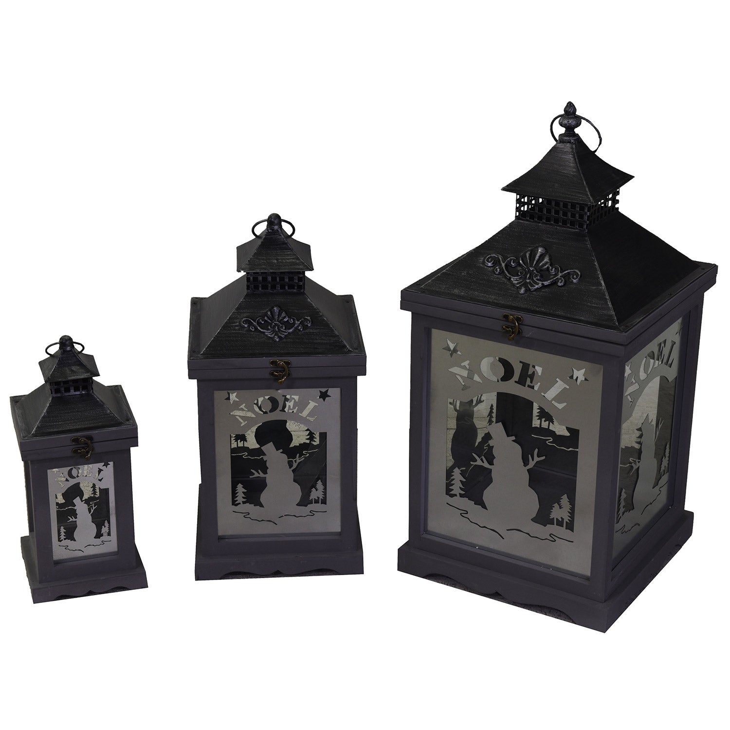 Image of Set 3 Lanterne in Legno in Metallo pupazzo bianco argento quadro