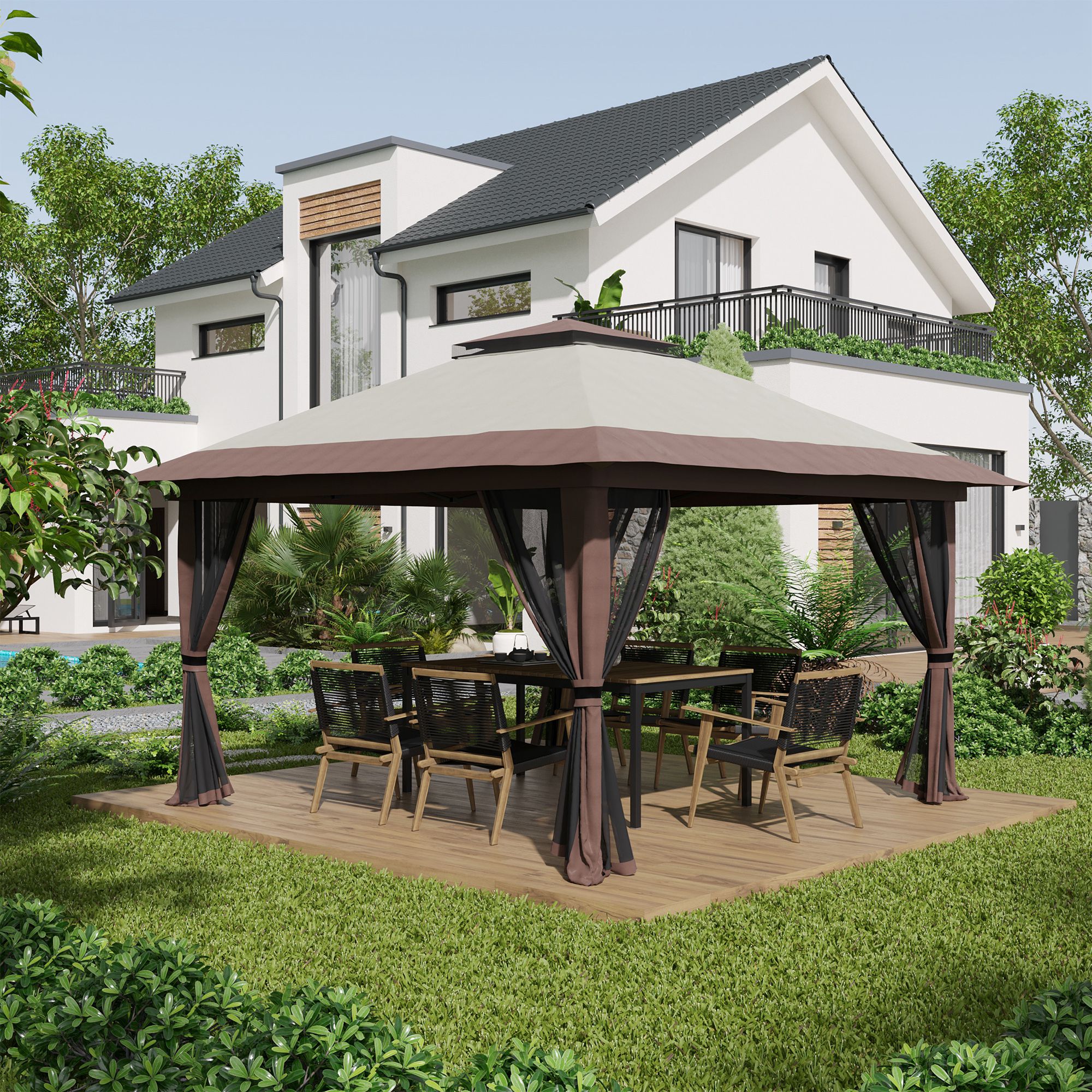 Gazebo Pieghevole 4x4 m ad Altezza Regolabile con Zanzariera e Borsa in Metallo e Tessuto Oxford Beige...