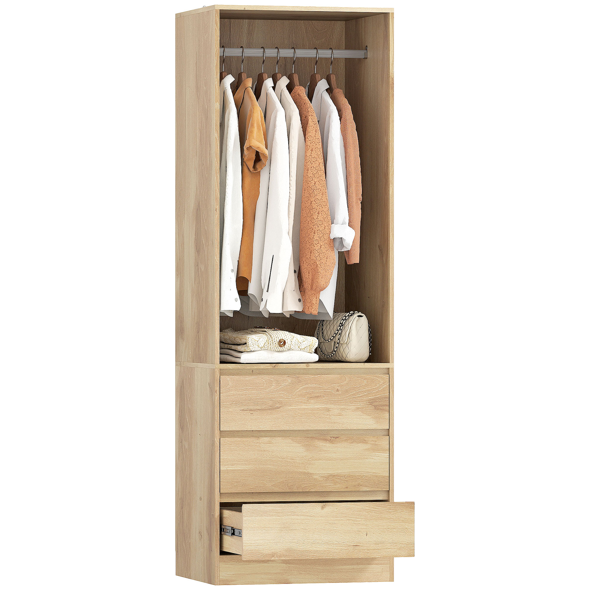 Armadio Guardaroba Aperto con Asta Appendiabiti e 3 Cassetti 60x48,5x185 cm color Teak