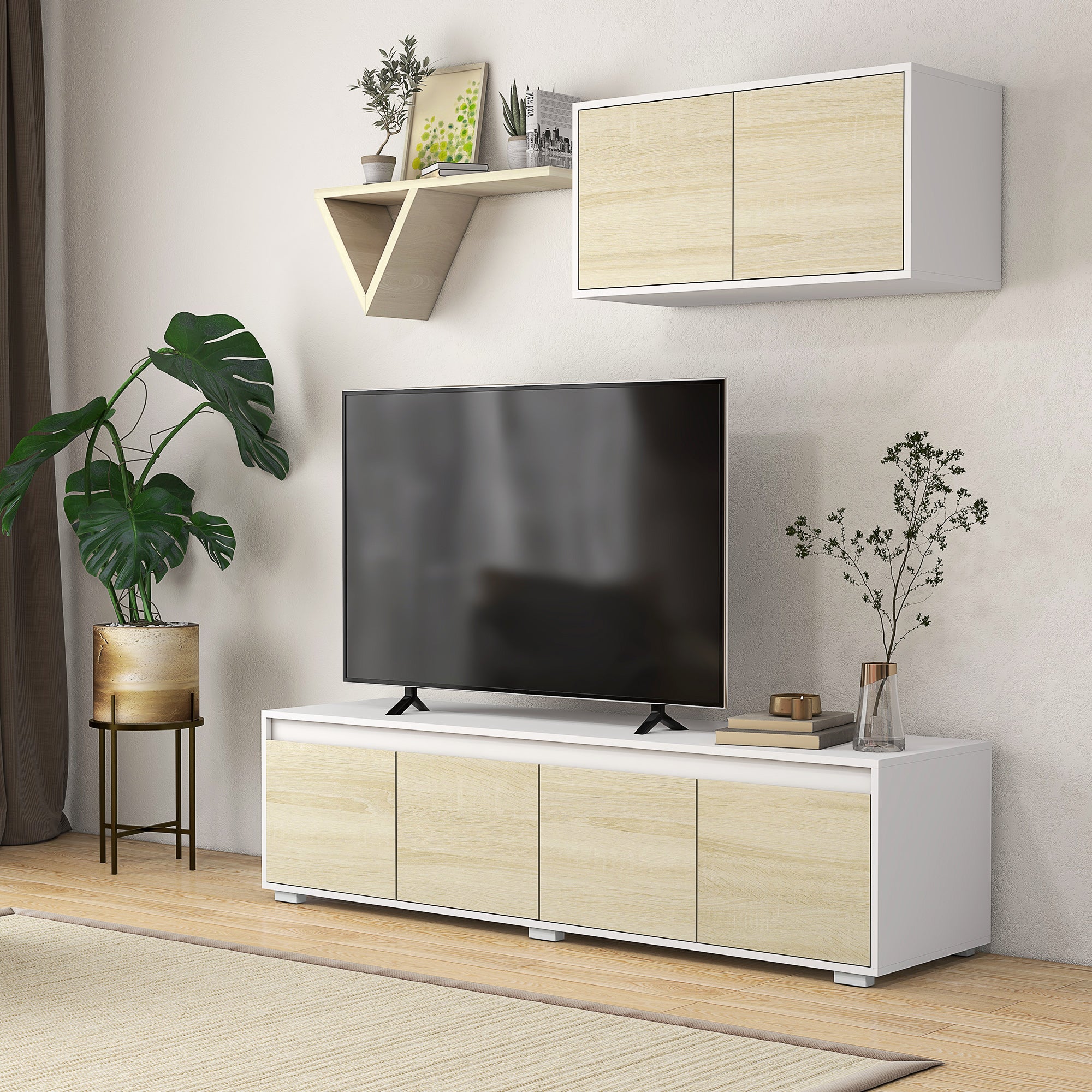 Parete Attrezzata 2 Pezzi Mobile TV max 70” e Mobile Multiuso da Parete in Truciolato Bianco e Legno Naturale...