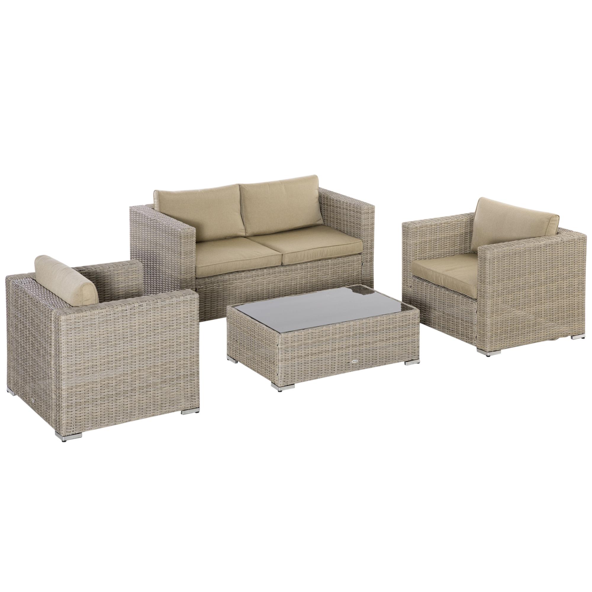 Set Salotto da Giardino Divano 2 Poltrone e Tavolino in Rattan Polietilene Cachi e Beige...