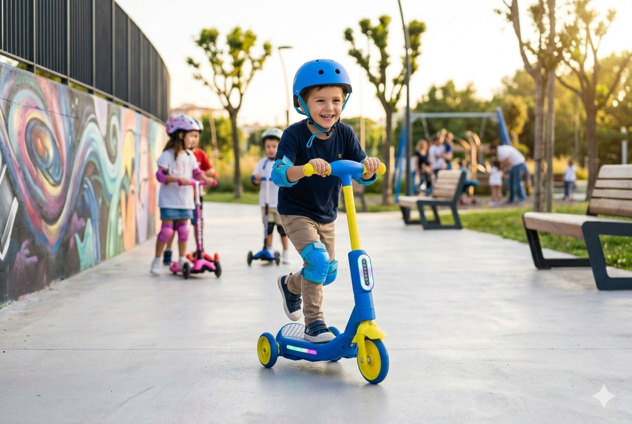 Monopattino Elettrico Deluxe a 3 Ruote 67x32x69 cm Luci LED RGB Casco e Protezioni Incluse Blu...