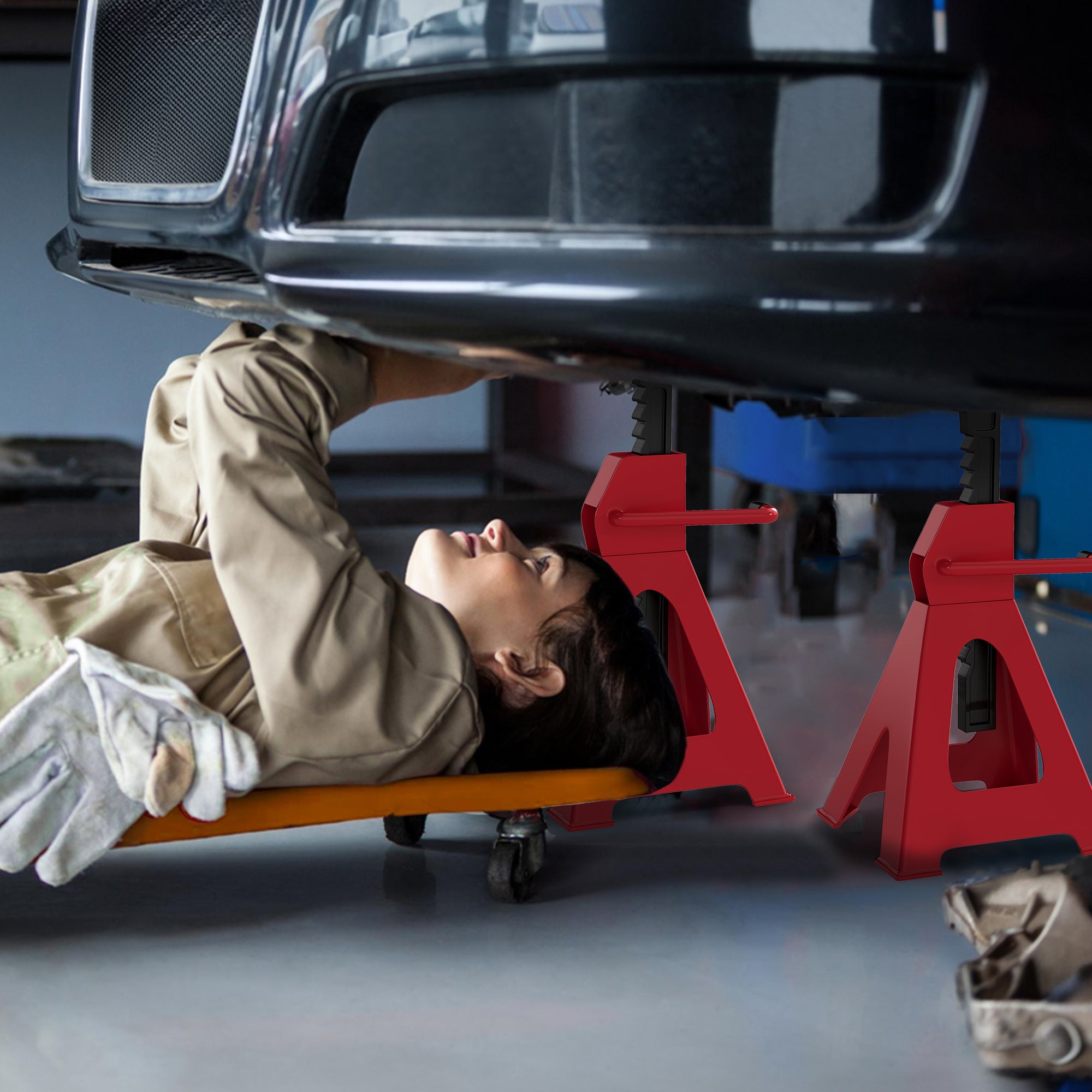 Set 2 Cavalletti Auto 6 Tonnellate di Capacità Altezza 38,5-60 cm Acciaio al Carbonio e Ghisa Rosso...