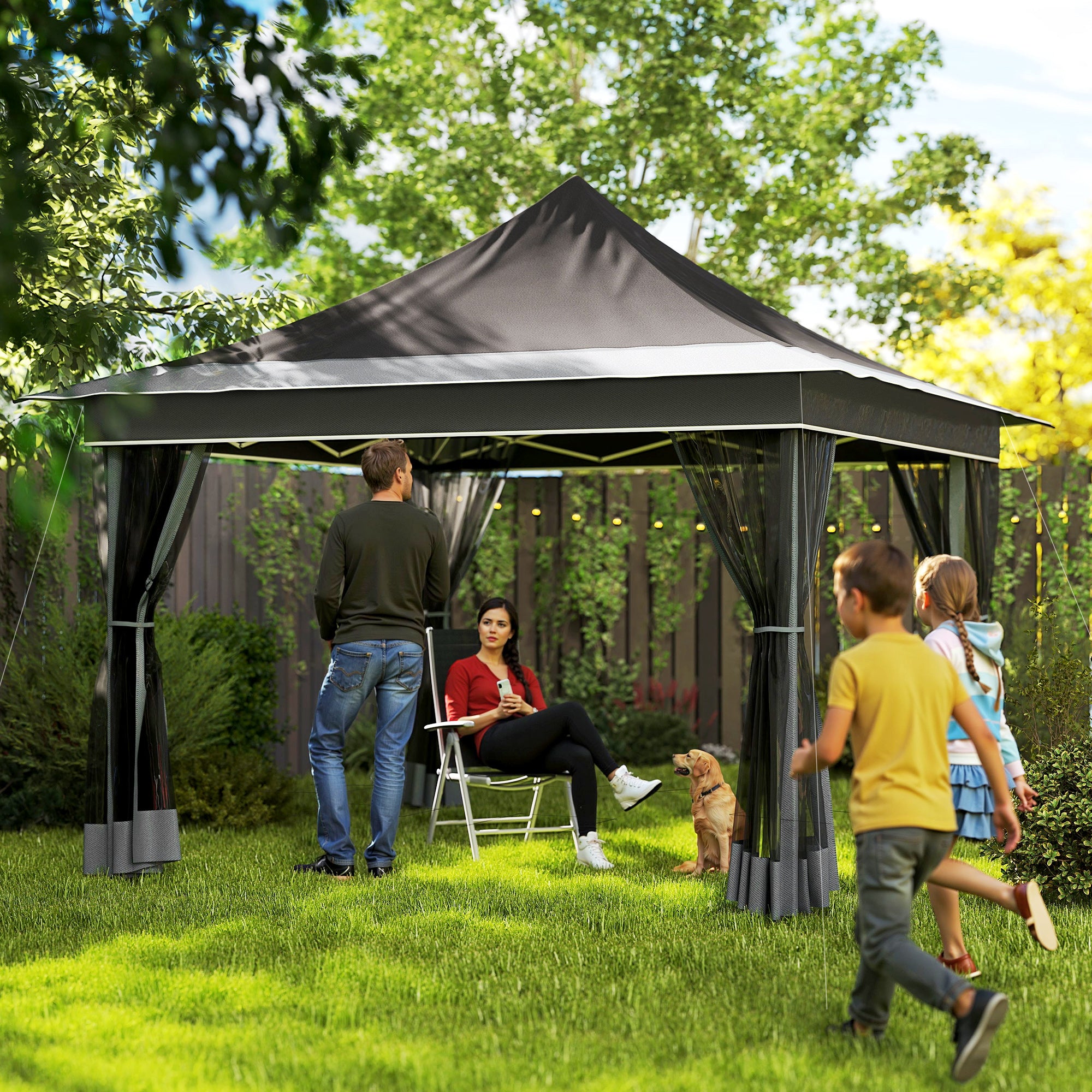 Gazebo da Giardino Pop Up 357x357x310 cm Altezza Regolabile e Zanzariere Grigio Scuro...