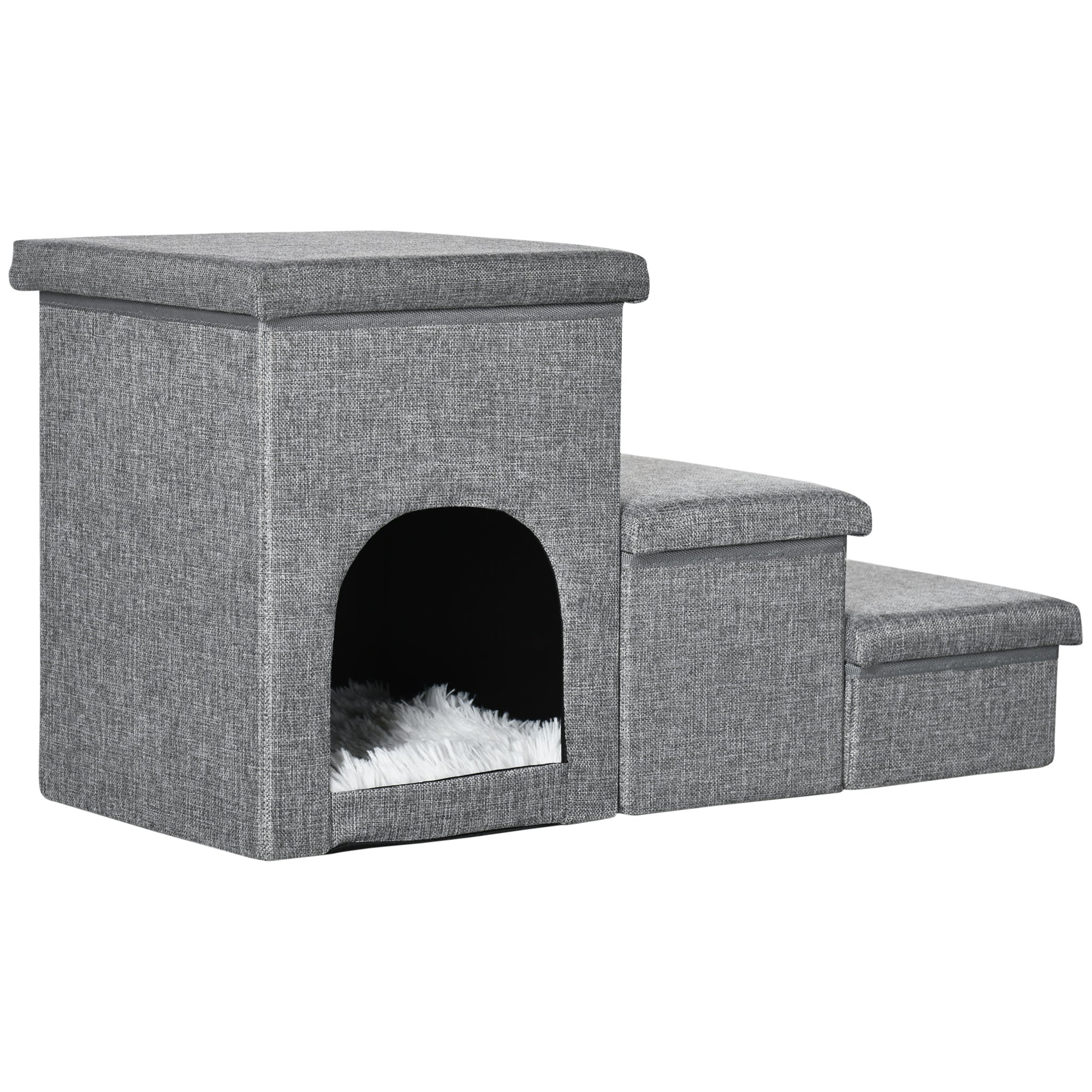 Image of Scaletta per Cani e Gatti 3 Gradini 73,5x33x40,5 cm con Cuccia Grigia