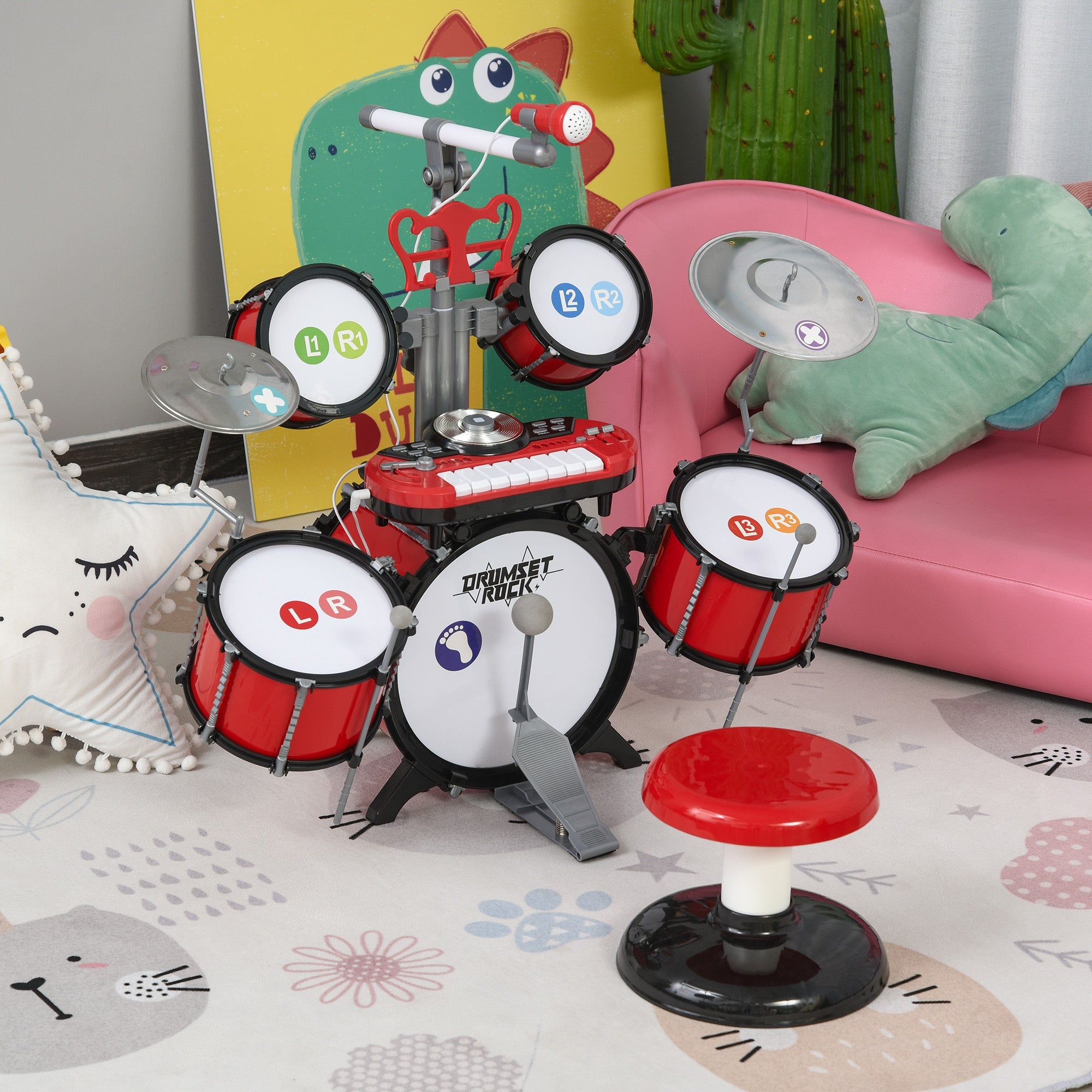 Batteria Musicale Giocattolo per Bambini con Microfono e Tastiera  Rossa
