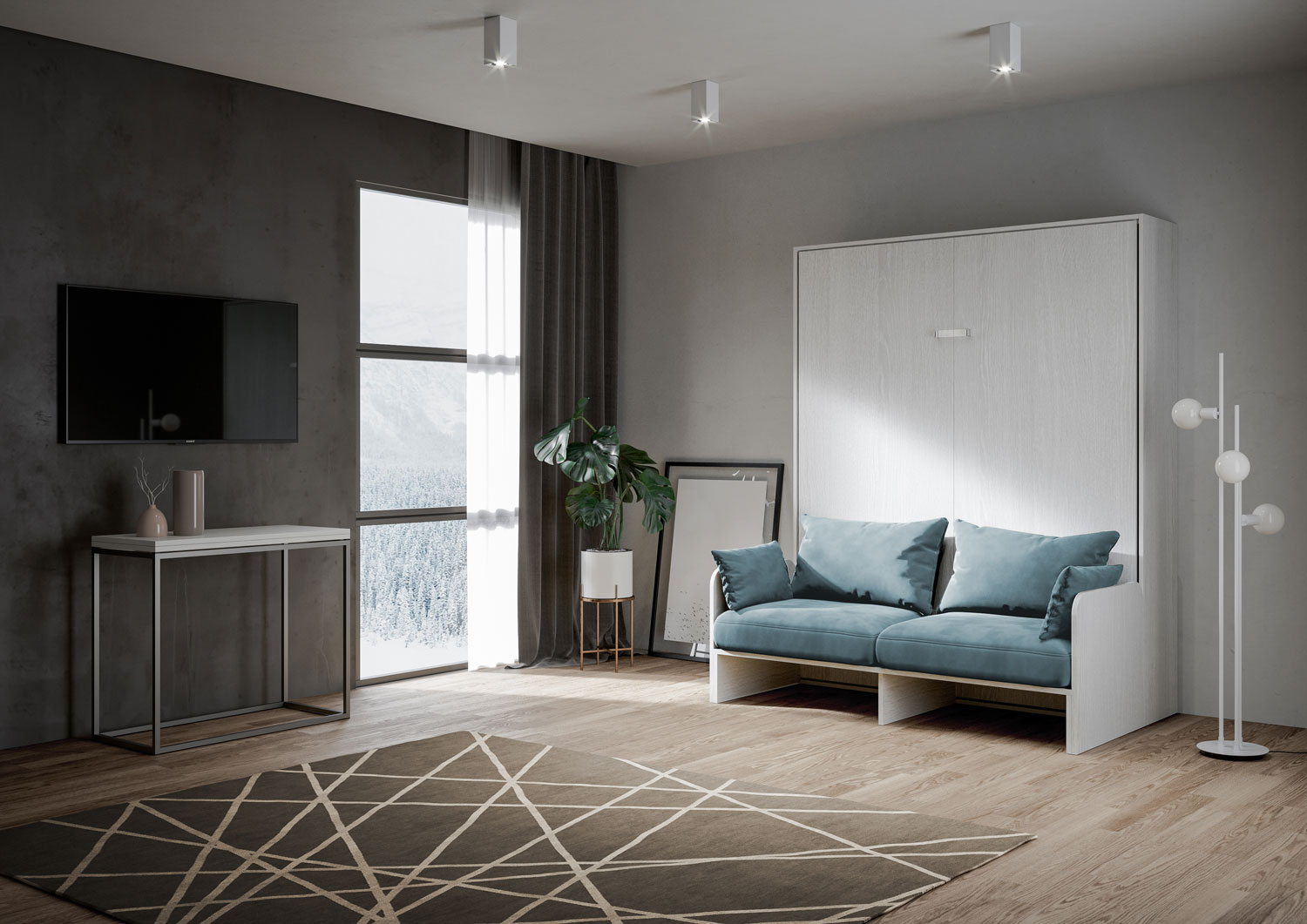 Letto Matrimoniale A Scomparsa 160 Kentaro Con Divano Bianco Frassino e Azzurro...