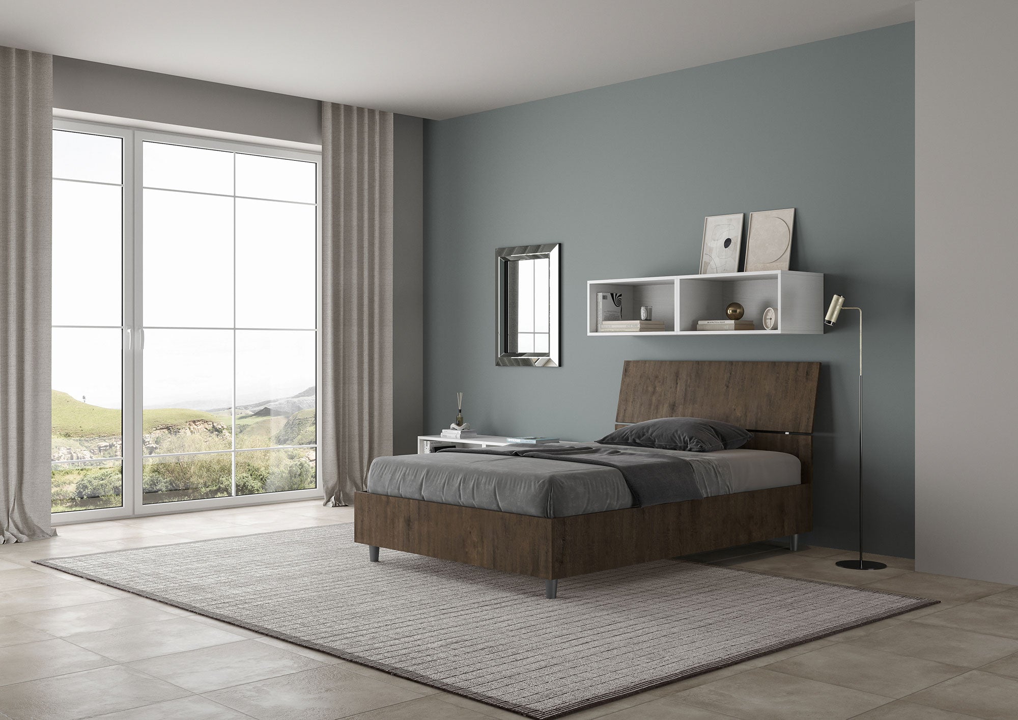 Letto 1 Piazza e Mezzo 120x200 cm Senza Rete Testata Inclinata Demas Noce...