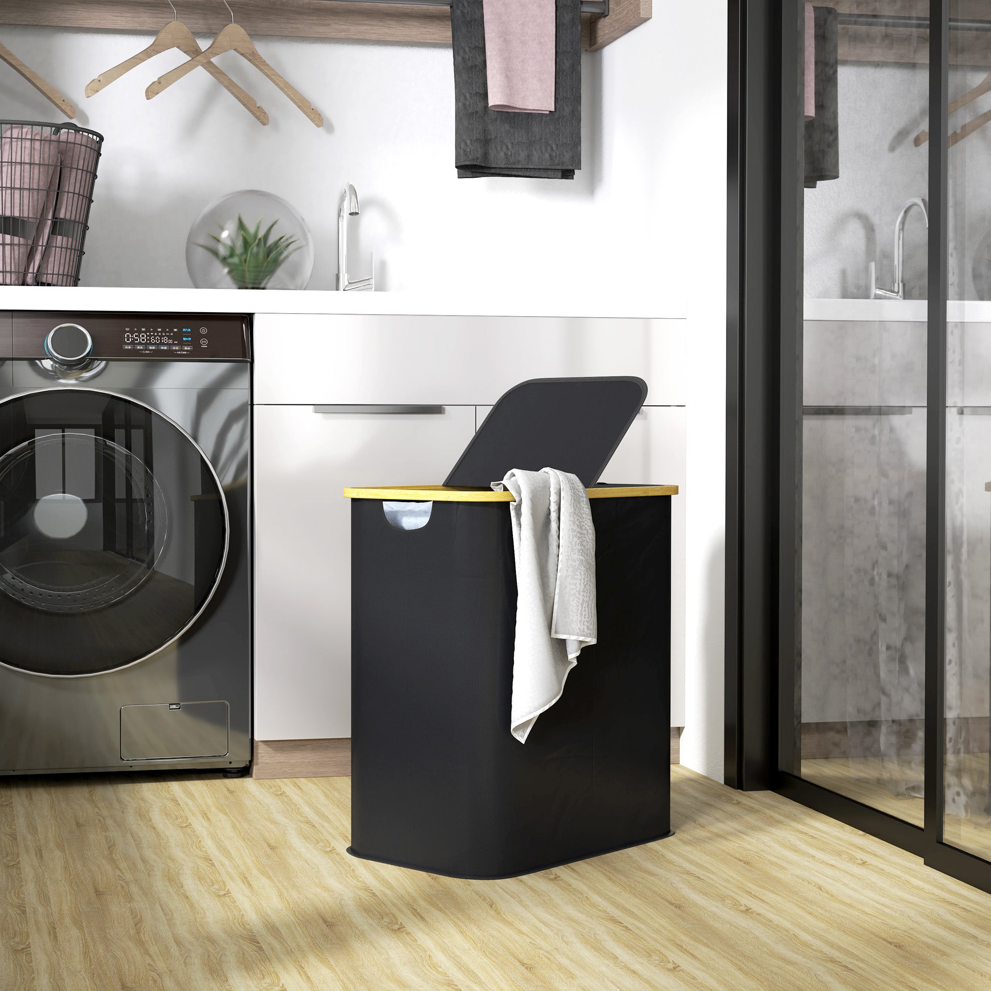 Cesto Portabiancheria da 80L a 2 Sezioni con Coperchio 54x34x58,5 cm in Tessuto non Tessuto e Bambù Nero...