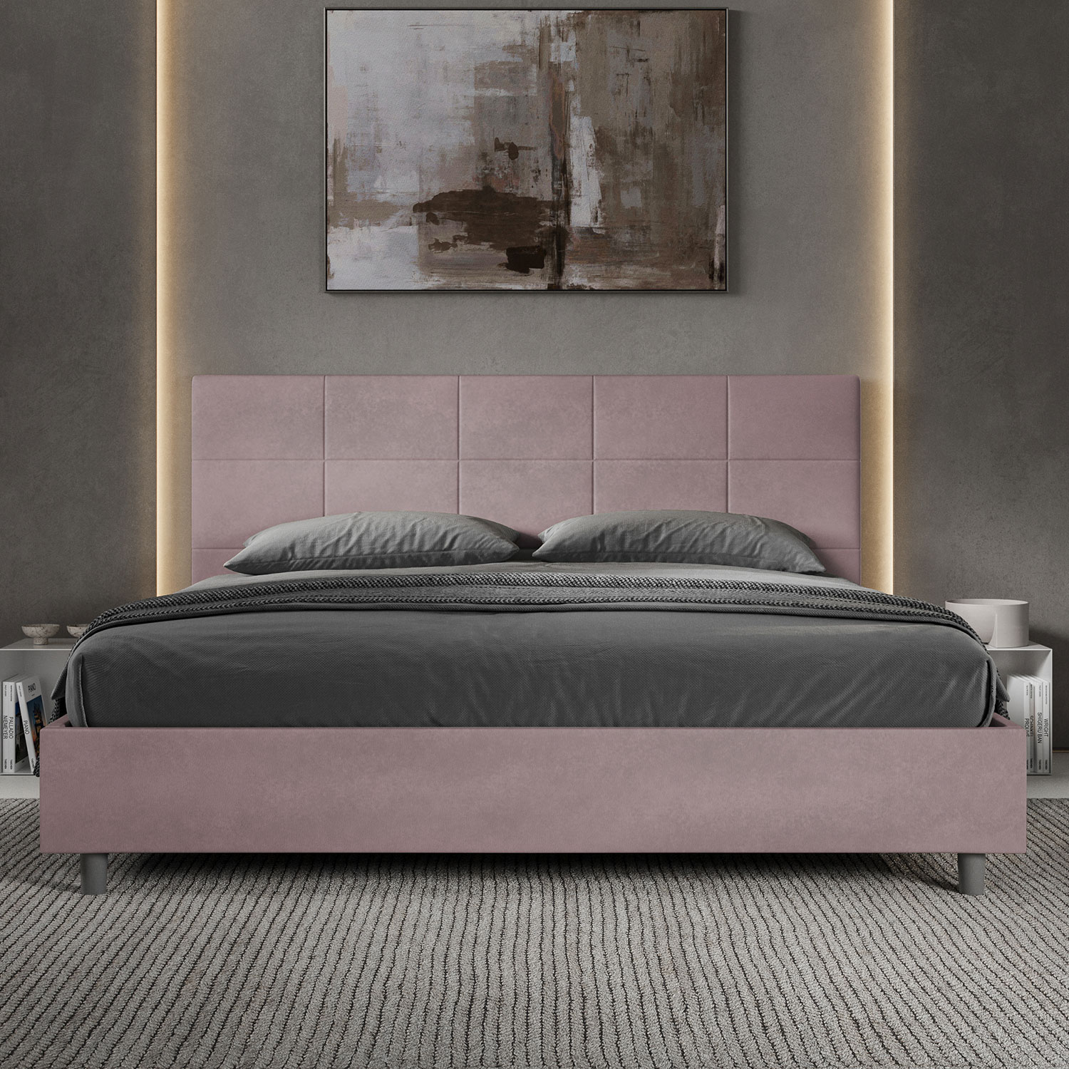 Letto Matrimoniale King Size 180x200 cm Senza Rete Imbottito in Microfibra Mika Glicine...