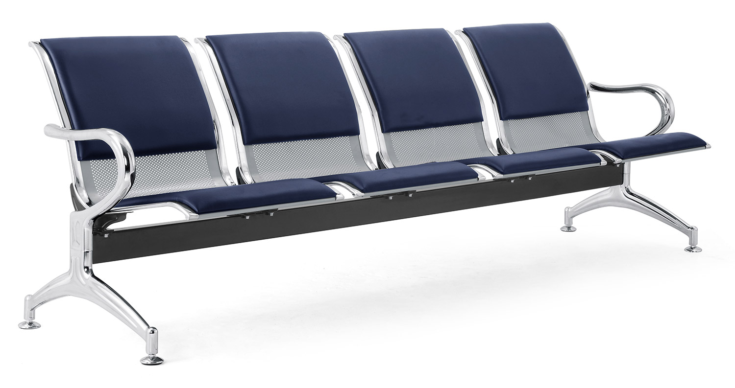 Image of Panca per Sala Attesa 4 Posti da Ufficio con Cuscino in Acciaio e Similpelle Argento/Blu Navy