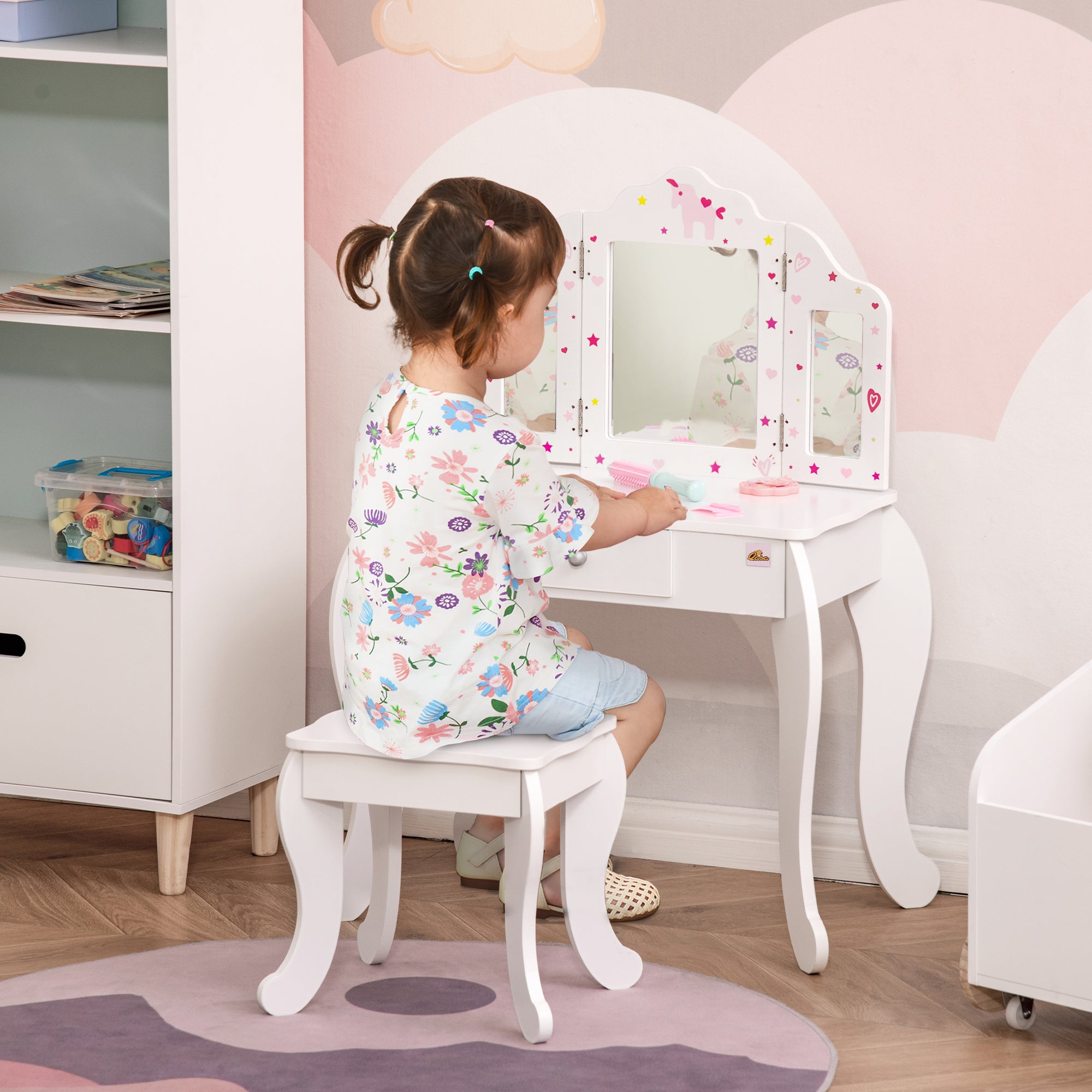 Set Da Trucco Bambine 3-6 Anni Con Tavolo Toeletta A Forma Di Nuvola, Specchio E Cassetto – Incluso Sgabello