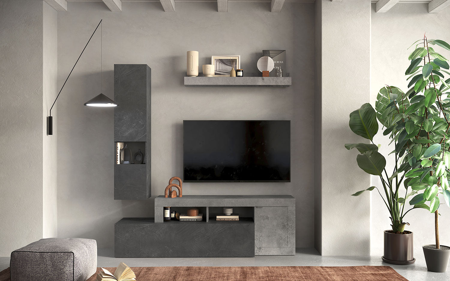 Parete Attrezzata Design Contemporaneo 181x35x195 cm Freedom Modello L 181 Piombo e Beton