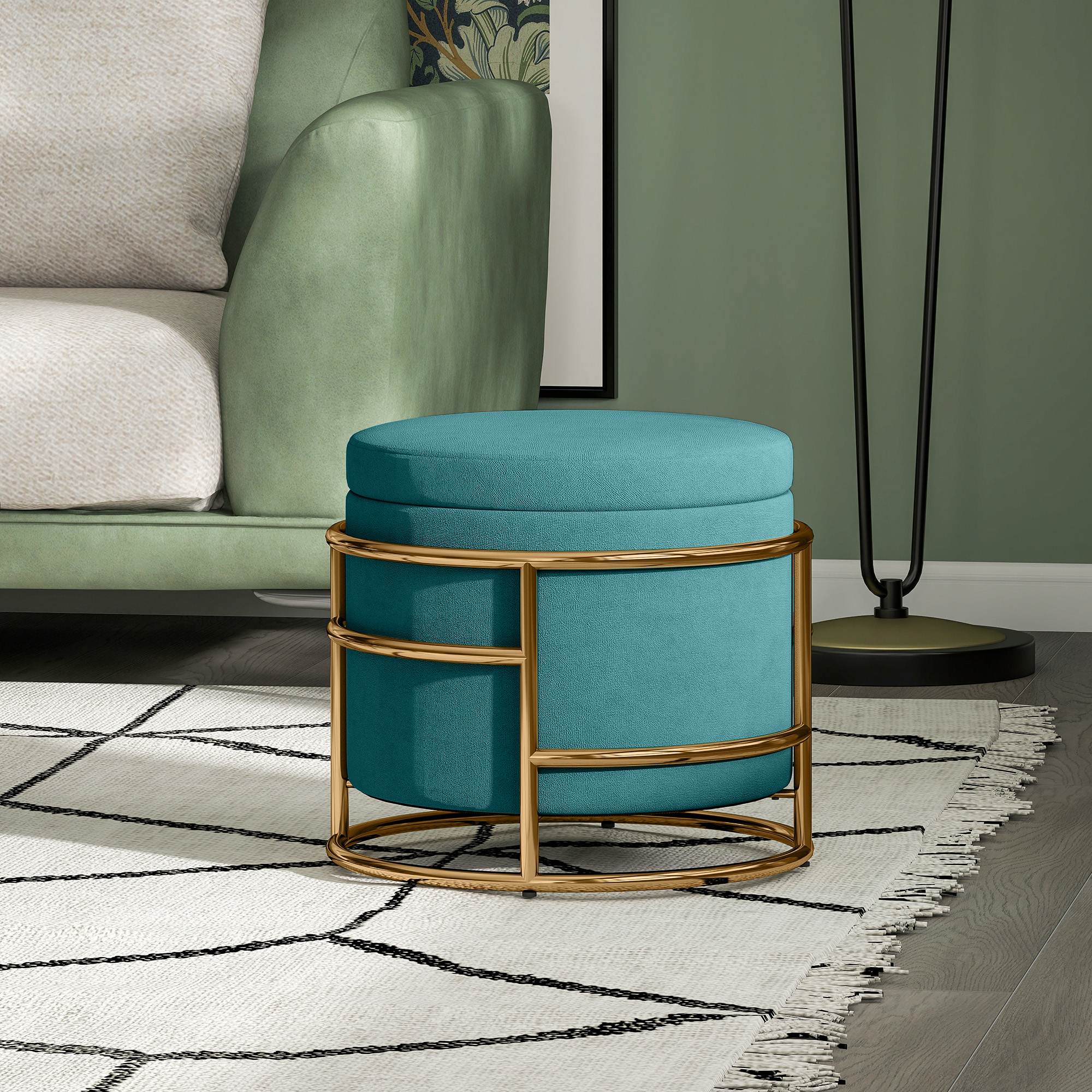 Pouf Contenitore Rotondo Ø42x39 cm in Tessuto Effetto Velluto Verde...