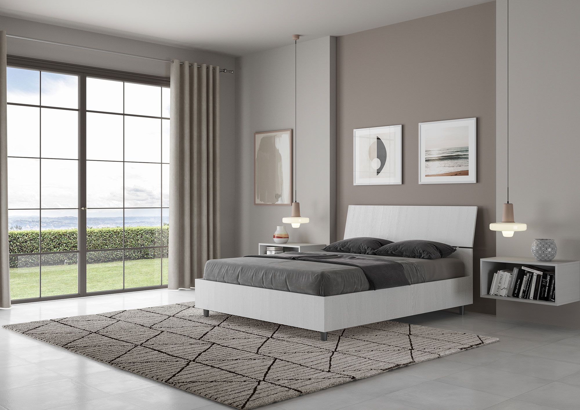 Letto Matrimoniale Francese 140x190 cm Senza Rete Testata Inclinata in Nobilitato Demas Bianco Frassino...