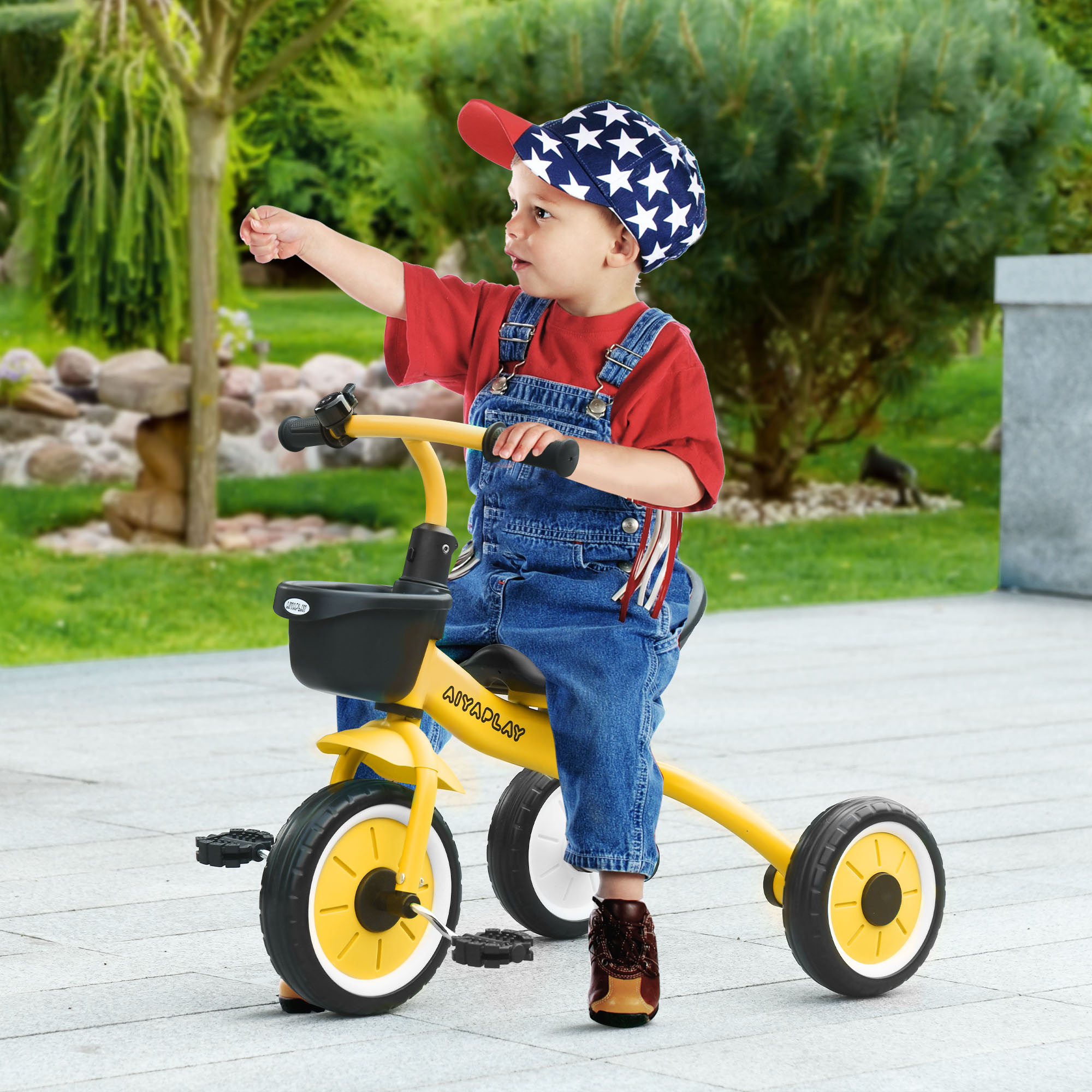 Triciclo per Bambini con Seduta Regolabile 70.5x50x58 cm Struttura in Metallo Giallo...
