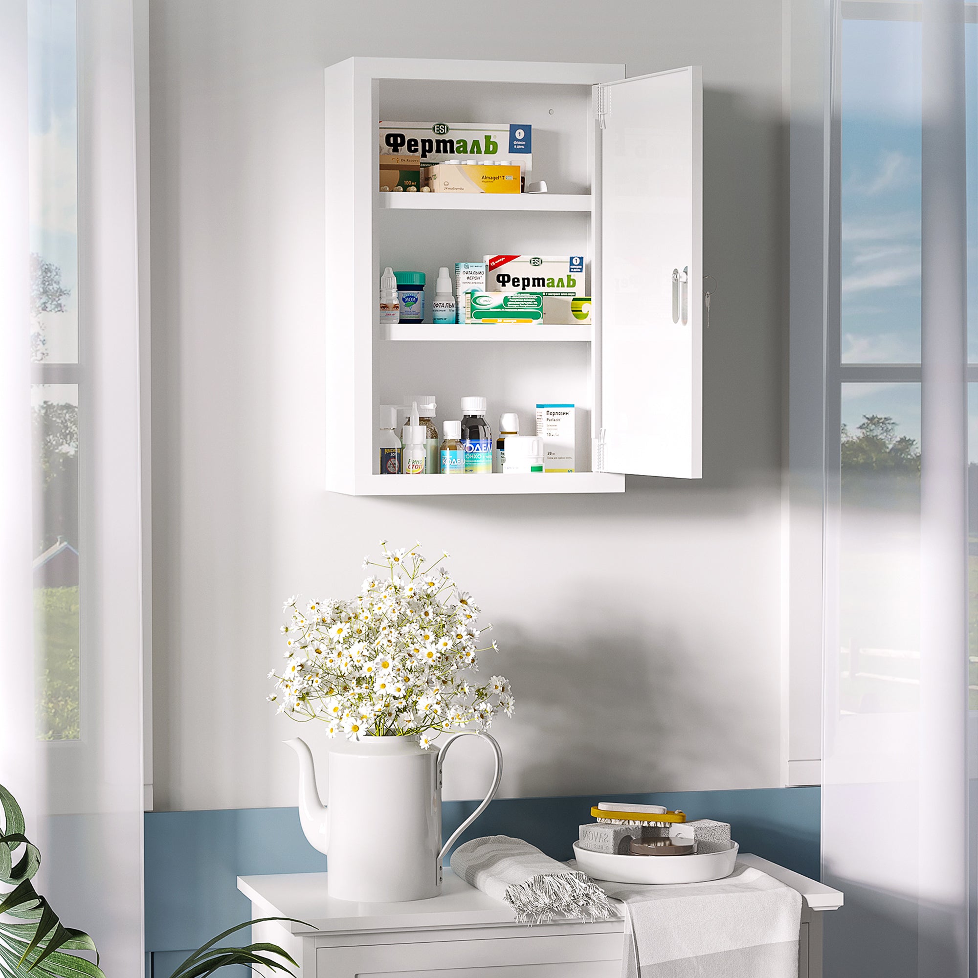 Armadietto Medicinali da Parete 30x14x46 cm 2 Chiavi in Acciaio Bianco...