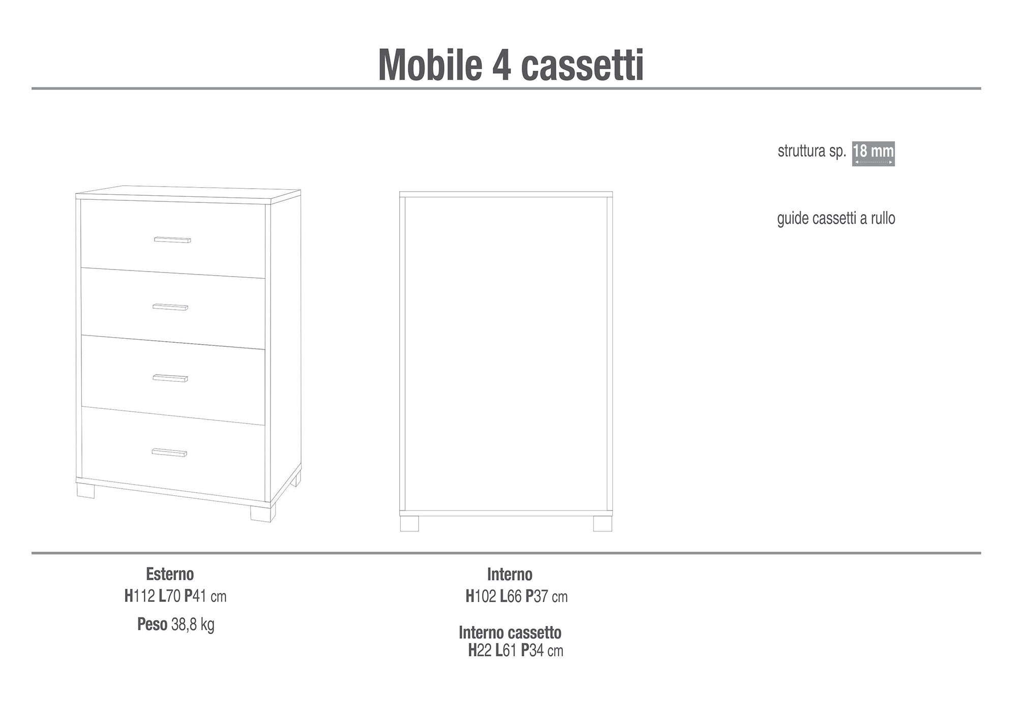 Mobile 4 Cassetti 70x112x41 cm Cemento...