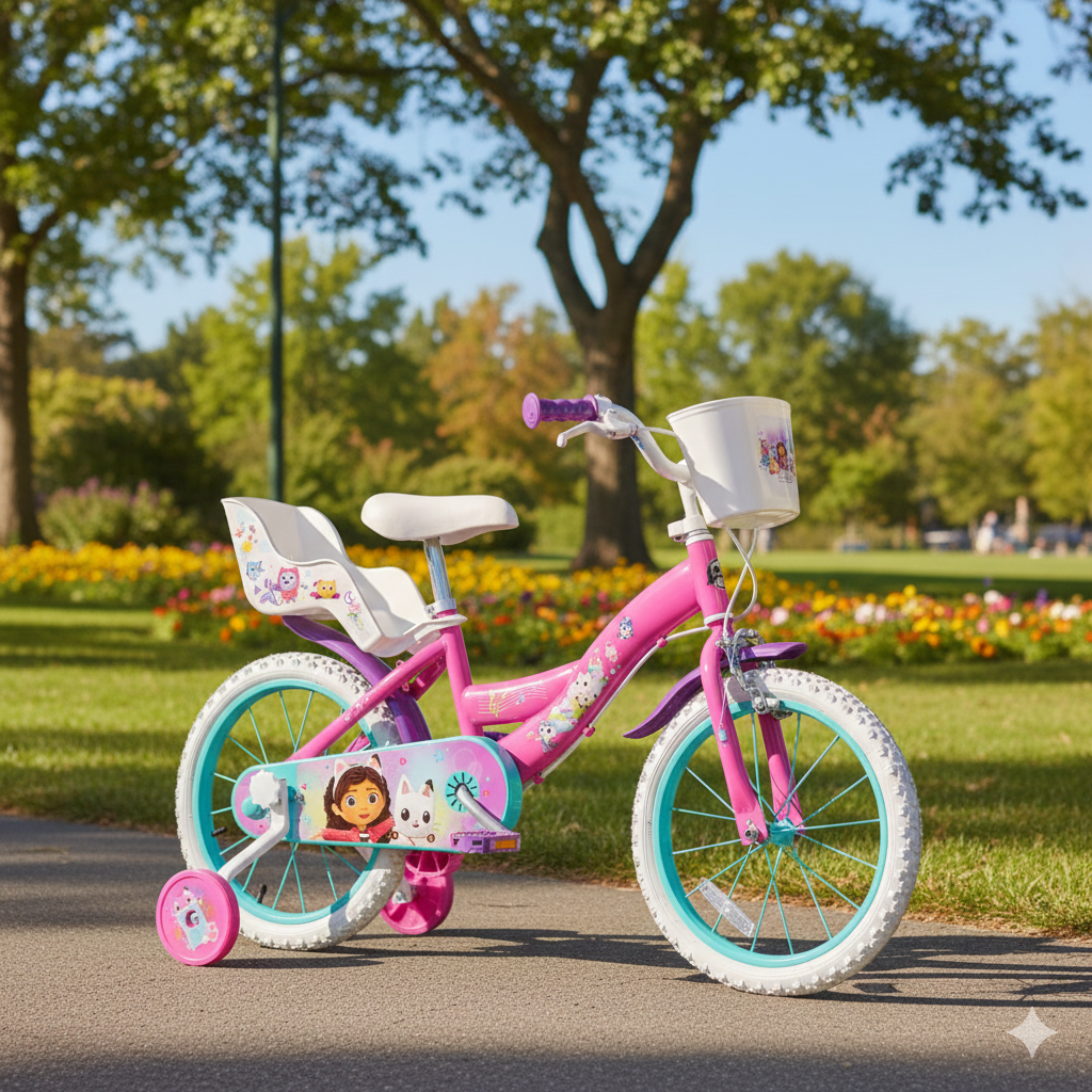 Bicicletta Bambina 16 Pollici con Rotelle Cestino e Portabambola Gabby's Dollhouse Rosa e Viola...