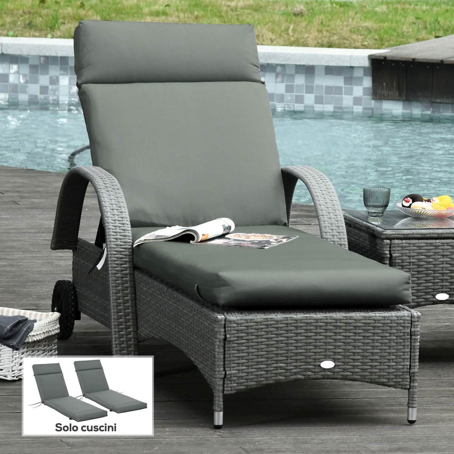 Set 2 Cuscini per Sdraio da Esterno 196x55x8 cm Imbottiti in Cotone con Cinghie Grigio Scuro...