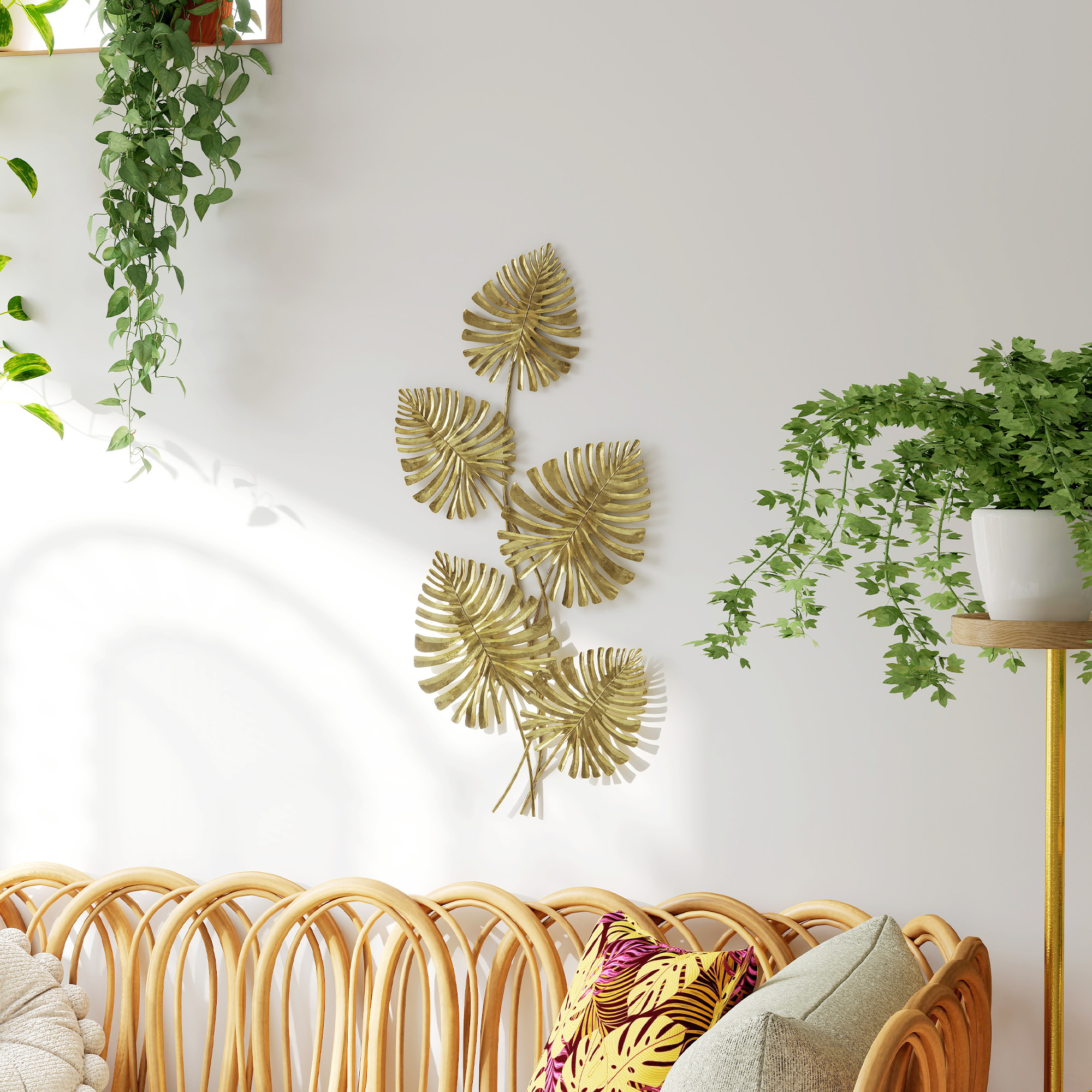 Decorazione Murale 3D 83x2,5x39 cm Wall Art Foglie di Monstera in Metallo Oro...