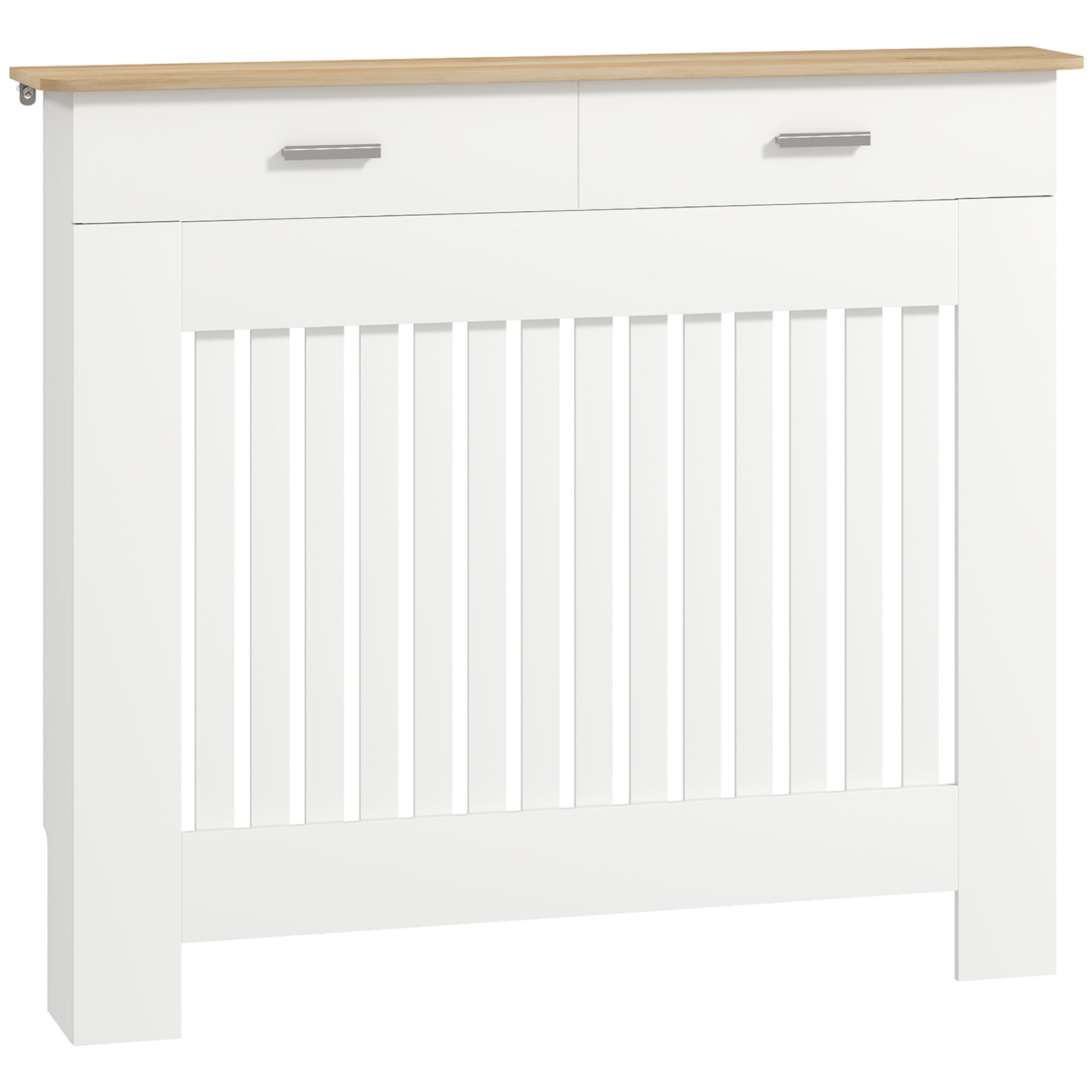 Copritermosifone a Doghe Antiribaltamento 112x19x97 cm con Vano Contenitore in Legno Bianco