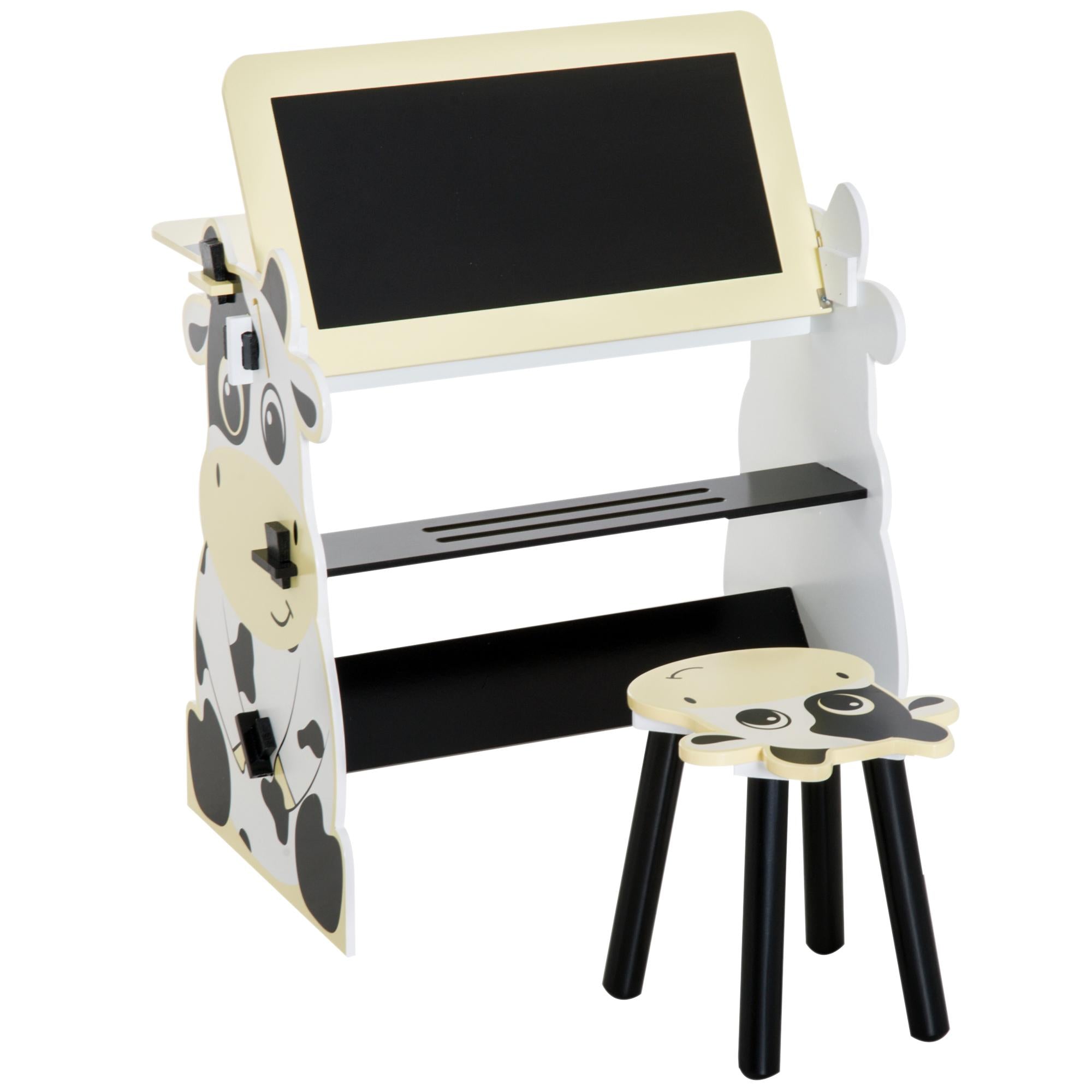 Set Tavolino Lavagna con Sgabello per Bambini Stampa Mucca 60x40x60 cm 