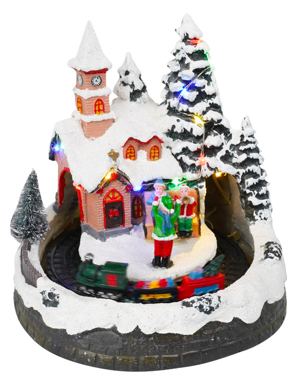 Image of Villaggio Natalizio 19x18x19 cm in Resina con Trenino Musica e Luci