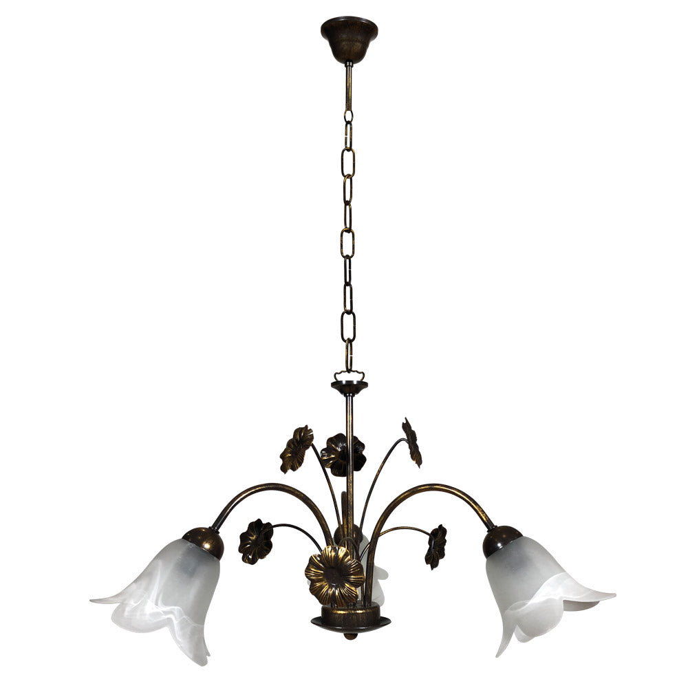 Image of Lampadario 3xE14 Montatura Marrone Oro Vetro Alabastro Bianco E-Energy Vera