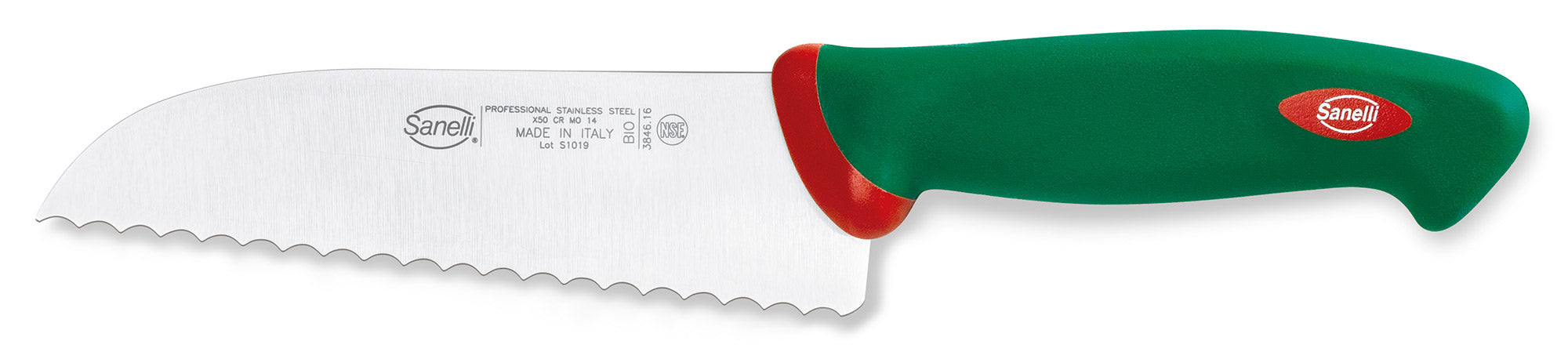 Image of Coltello per Pizza Seghettato Lama 16 cm Manico Antiscivolo Sanelli Premana Verde/Rosso