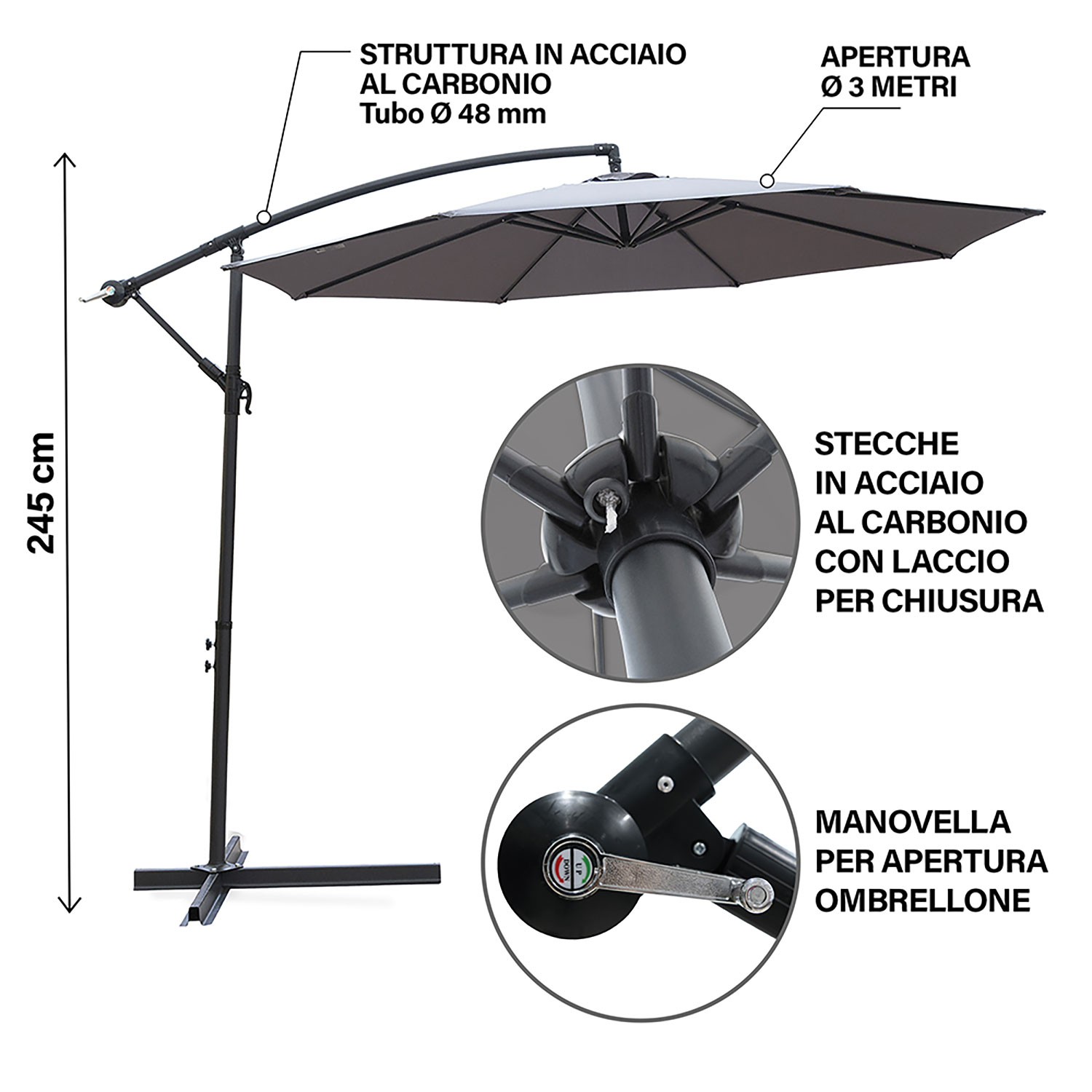 Ombrellone Lampara da Giardino Palo Laterale Ø300x245 cm in Acciaio e Poliestere Grigio Kios...