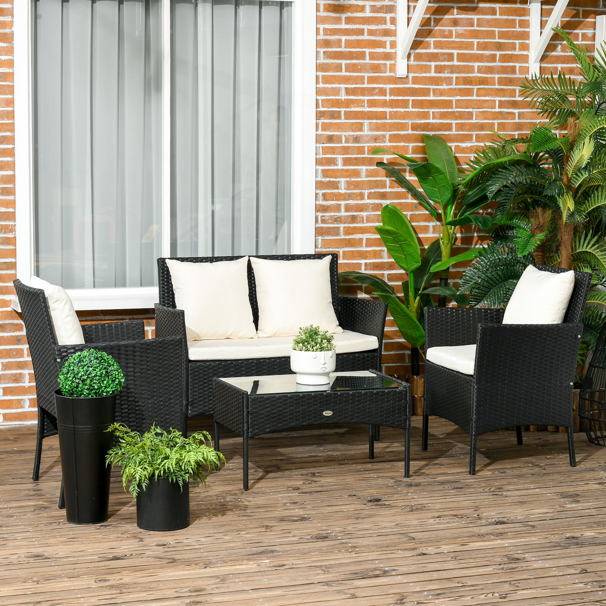 Set Giardino 2 Poltrone + Tavolino Effetto Rattan, Colore Antracite, Con Cuscini Beige