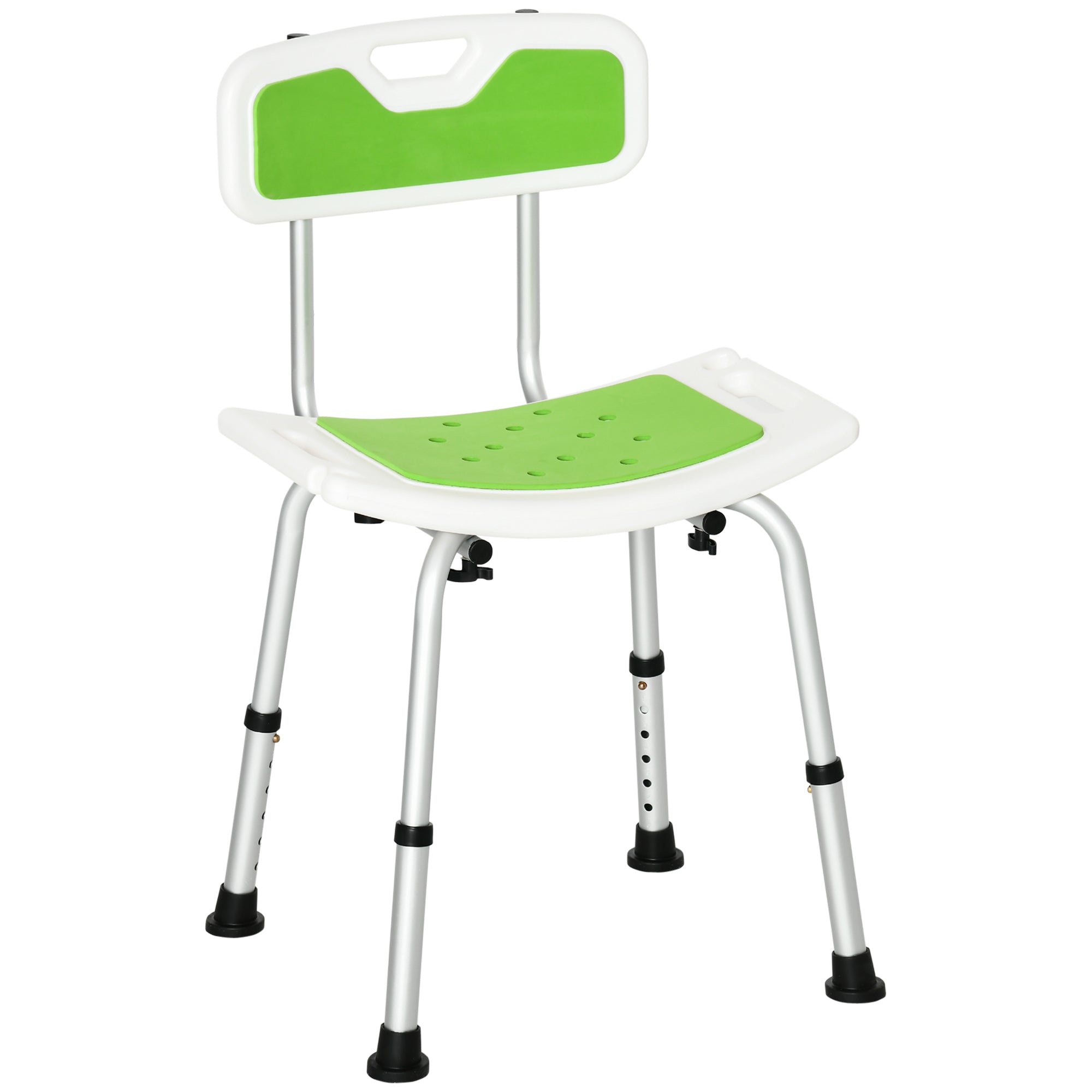 Image of Sedia per Doccia 51,5x49,5x68,5-81 cm Altezza Regolabile su 6 Livelli e Schienale Ricurvo in Alluminio ed EVA Verde e