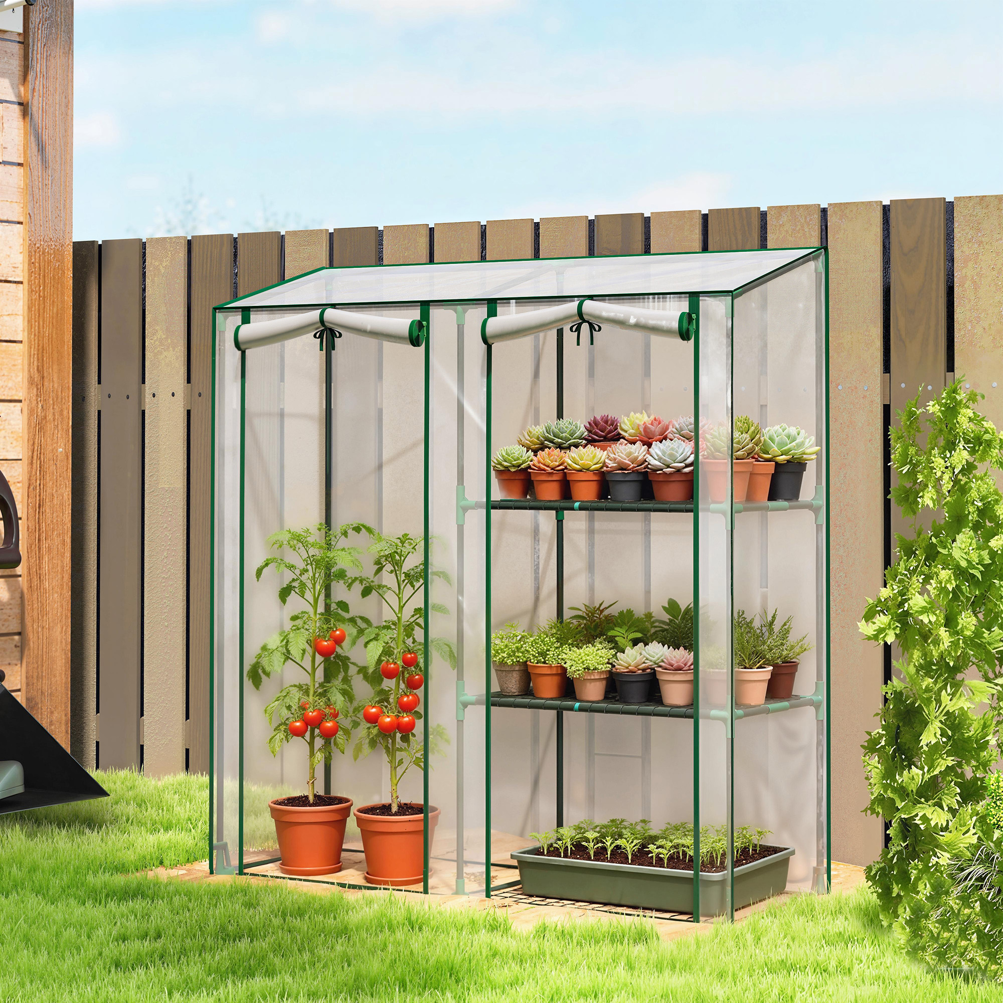 Serra Verticale a 2 Sezioni con 3 Ripiani 143x45x151 cm in Plastica e Acciaio Verde Scuro e Trasparente...