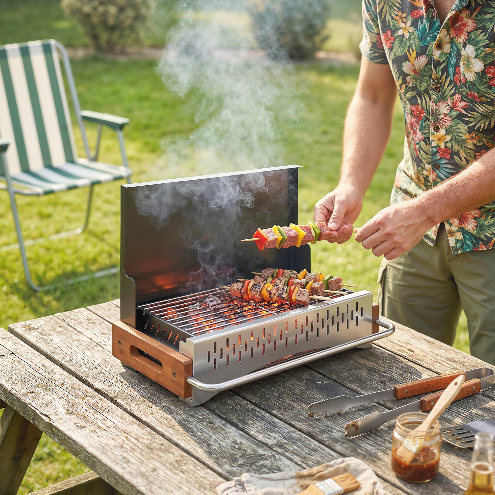 Barbecue Portatile a Carbone con Vaschetta Rimovibile, in Acciaio Inox e Metallo, 50.5x34x33 cm, Nero...