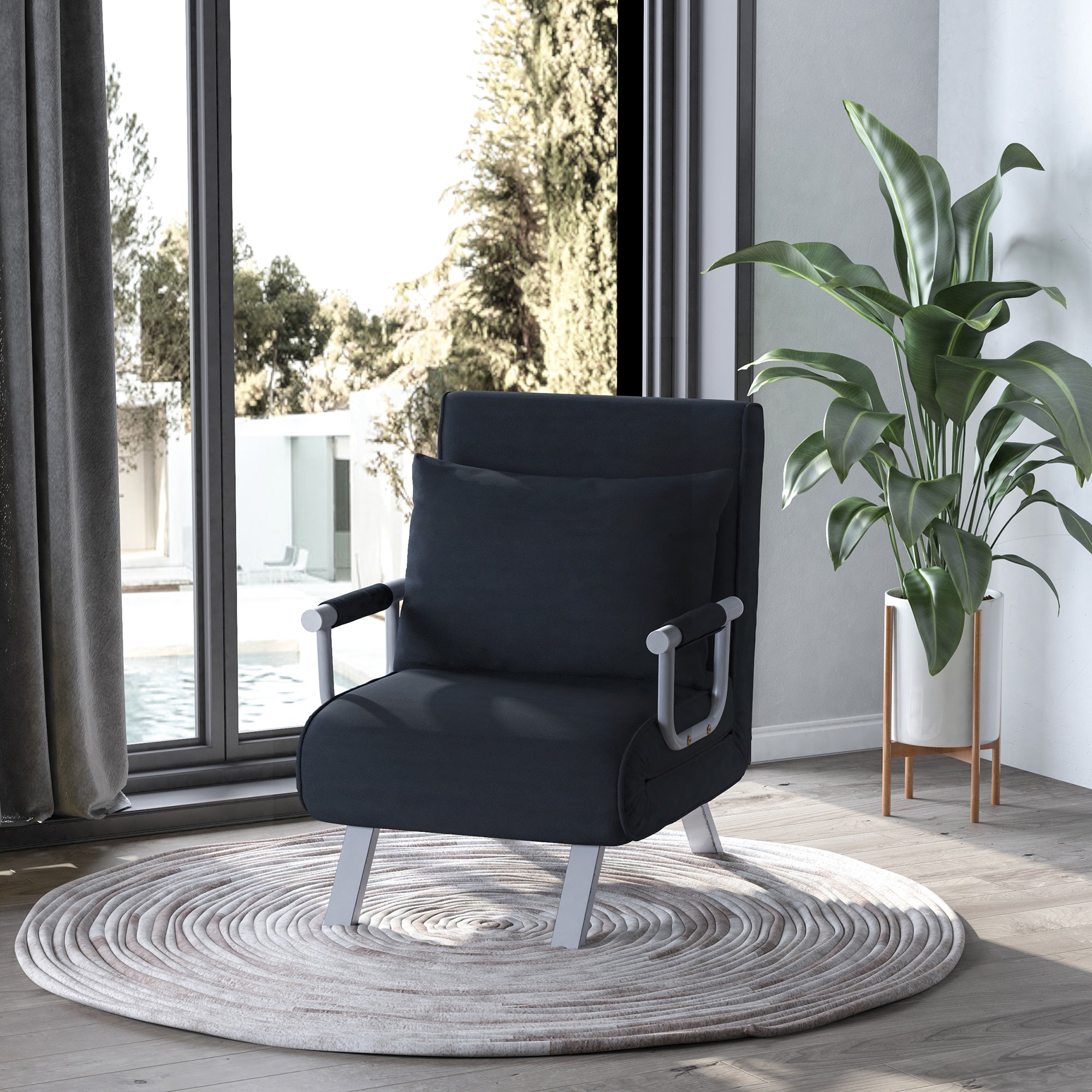 Poltrona Letto Singolo 65x69x80 cm Schienale Reclinabile su 5 Posizioni Nero...