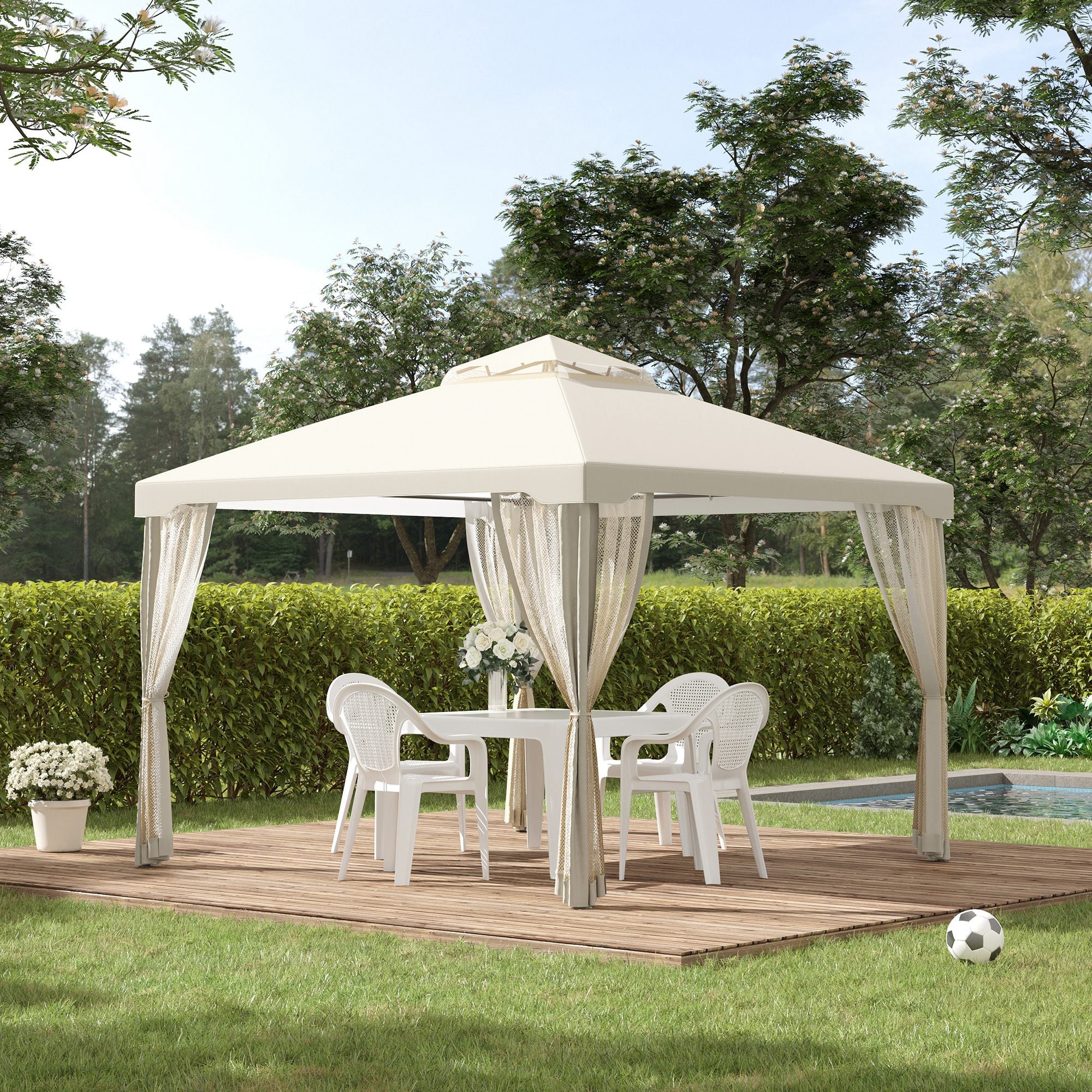 Gazebo da Giardino 2.95x2.95m in Metallo Doppio Tetto Zanzariera e Laterali Beige...