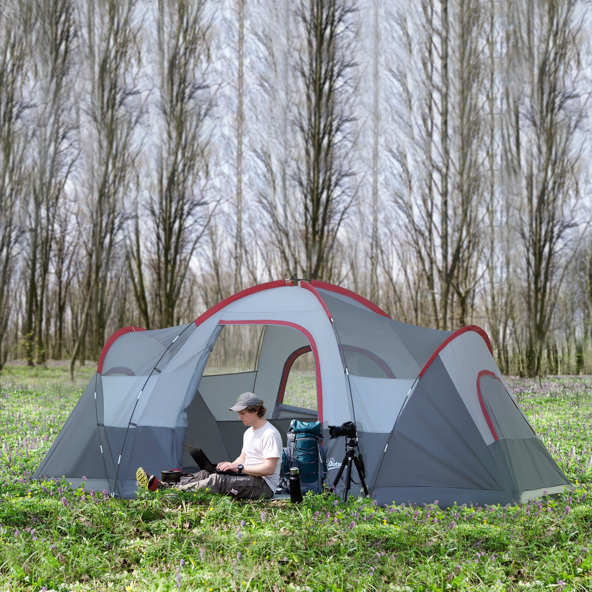 Tenda da Campeggio per 6 Persone 4,55x2,3x1,8m con Pali in Fibra di Vetro Grigia...