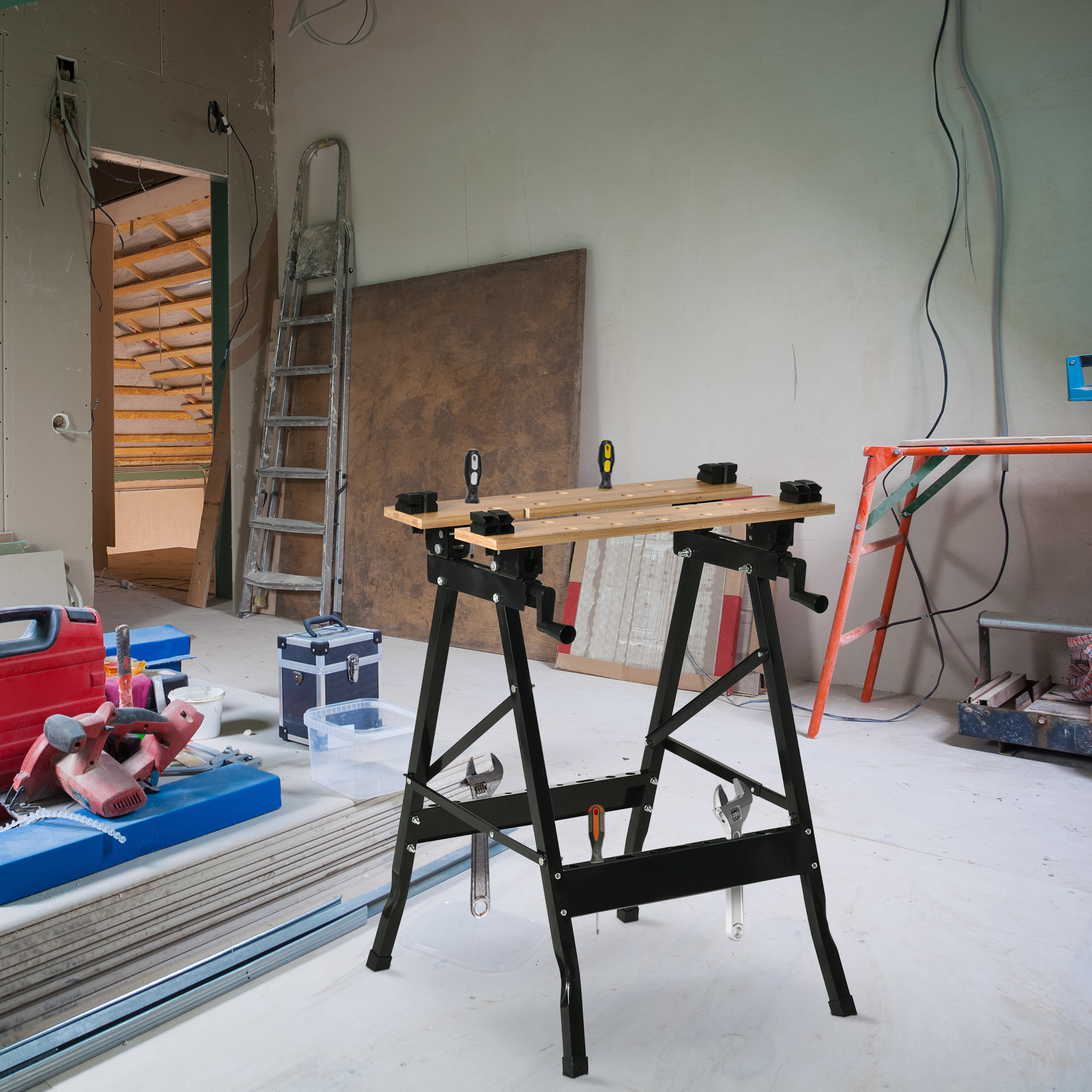 Banco da Lavoro Pieghevole 150kg con 4 Morse e Goniometro Nero e Legno...