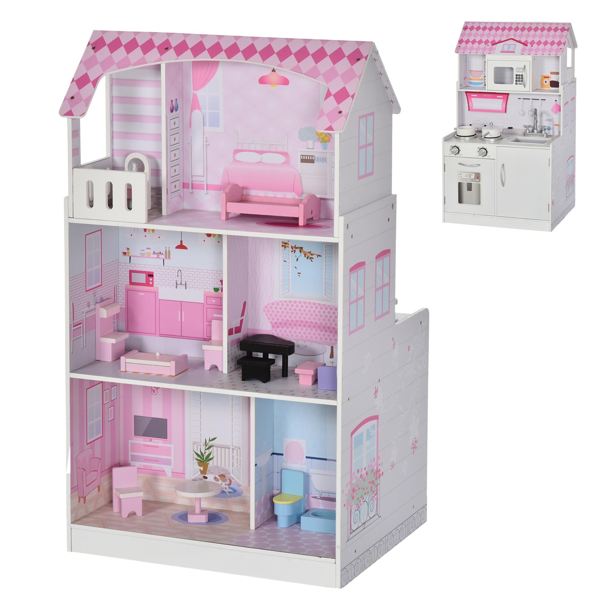 Casa delle Bambole Cucina Giocattolo 2 in 1 60x48x106 cm in Pino e MDF  Rosa