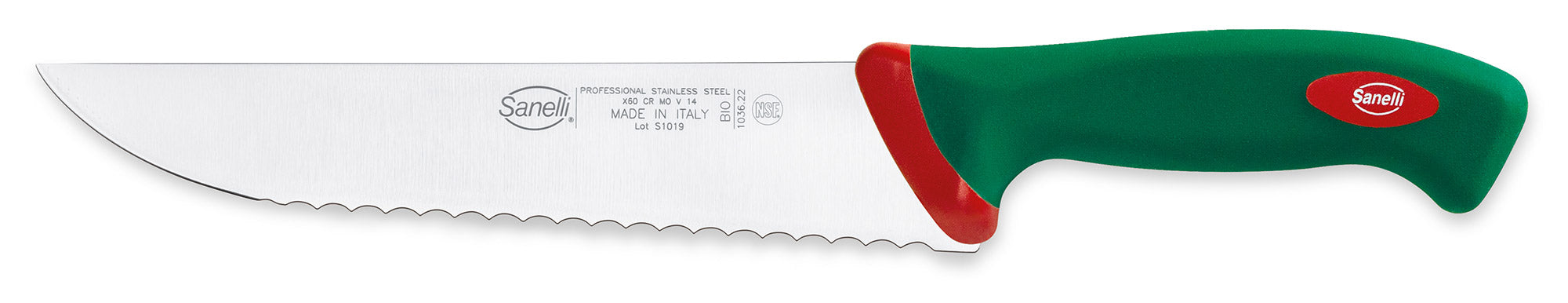 Image of Coltello Francese Seghettato Lama 22 cm Manico Antiscivolo Sanelli Premana Verde/Rosso